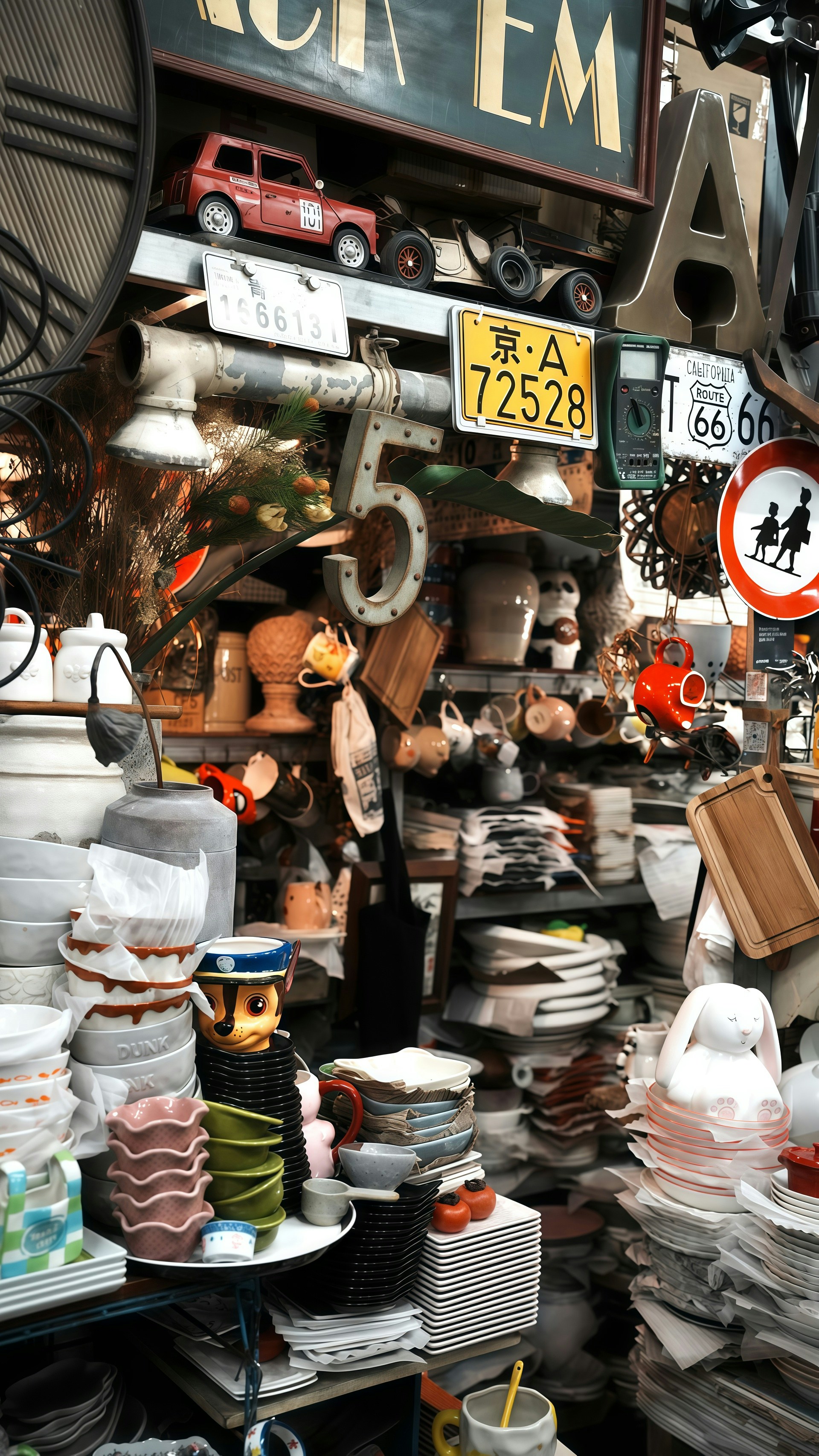 Cluttered shelves filled with vintage items and dishes.