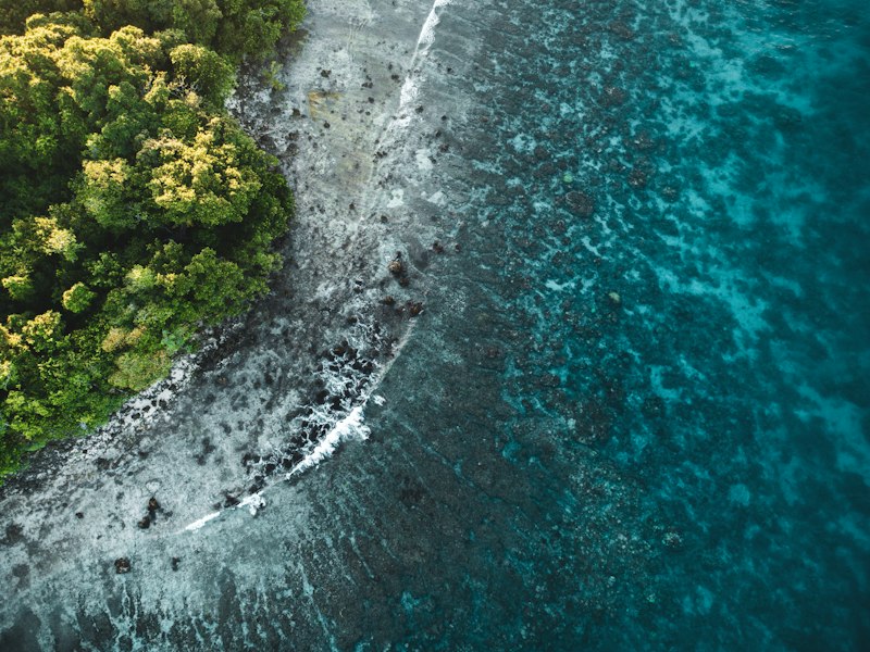 Lush green island coastline with jungle meeting turquoise Pacific ocean waves, Vanuatu