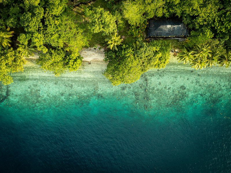 Aerial view of tropical island coastline with lush jungle and turquoise water, Vanuatu