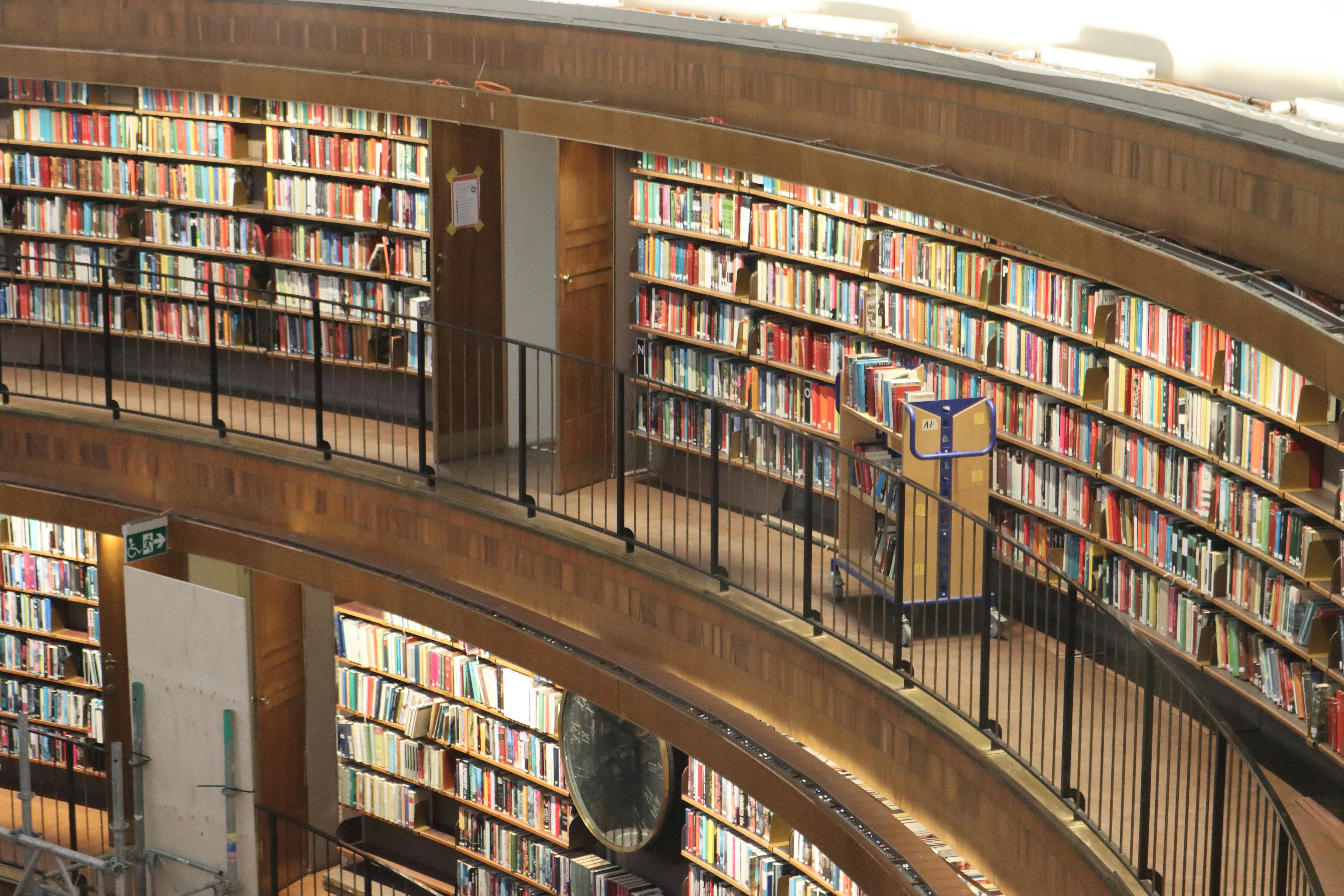 A custom-built home library with dark wood shelves.