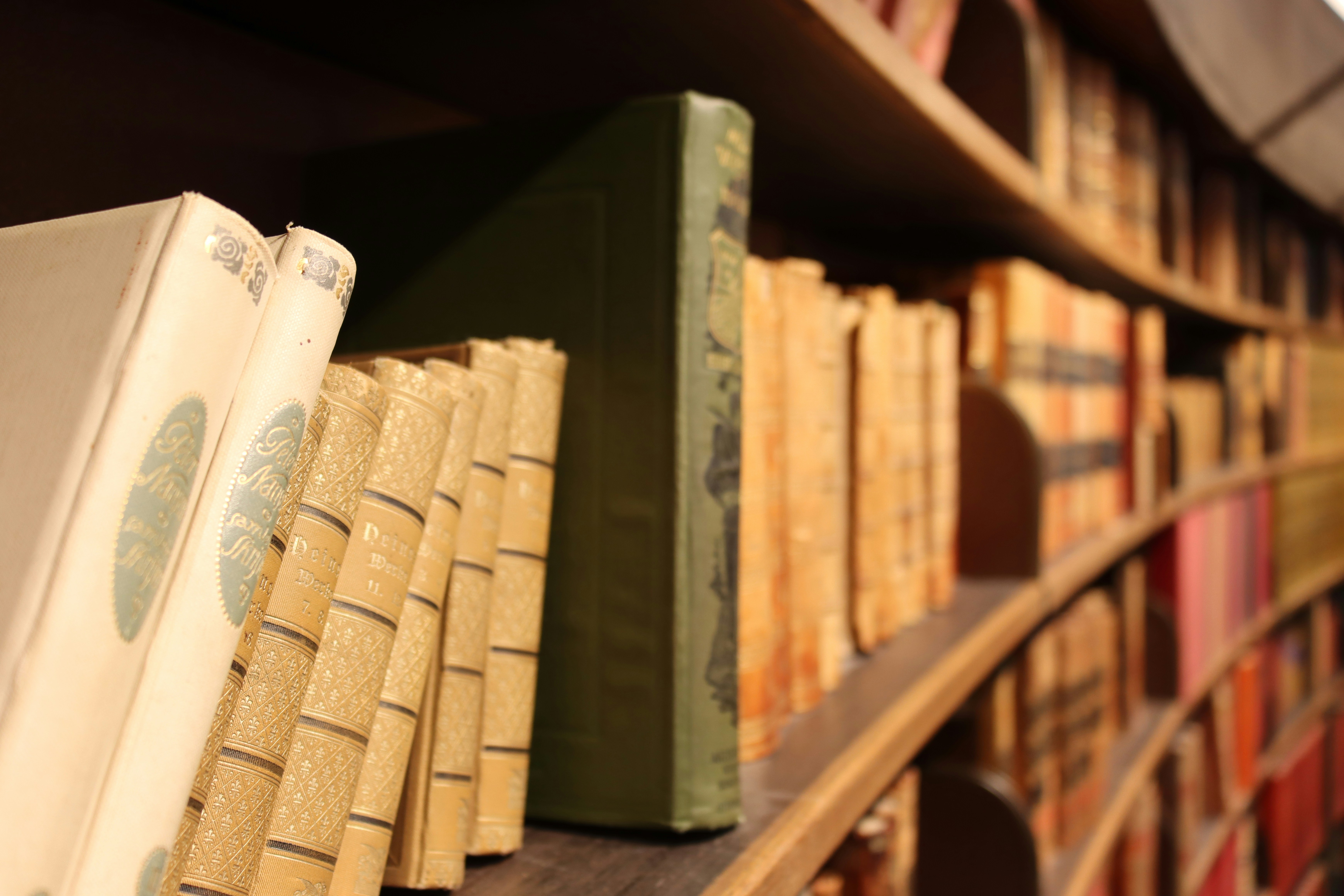 Rows of old books on a curved bookshelf