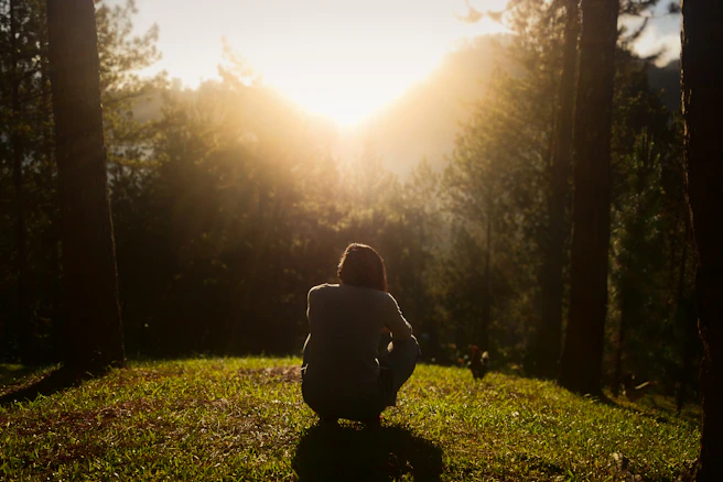 Person crouching in forest at sunset