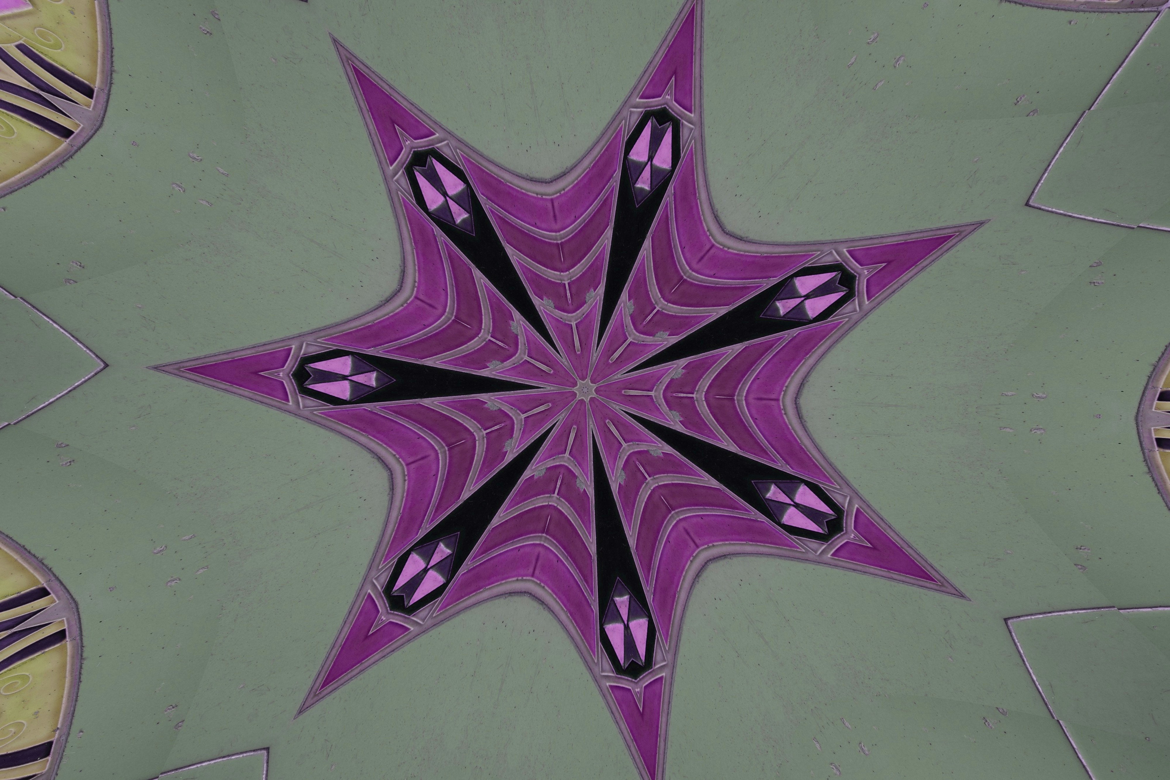 Abstract purple starburst pattern on muted green background