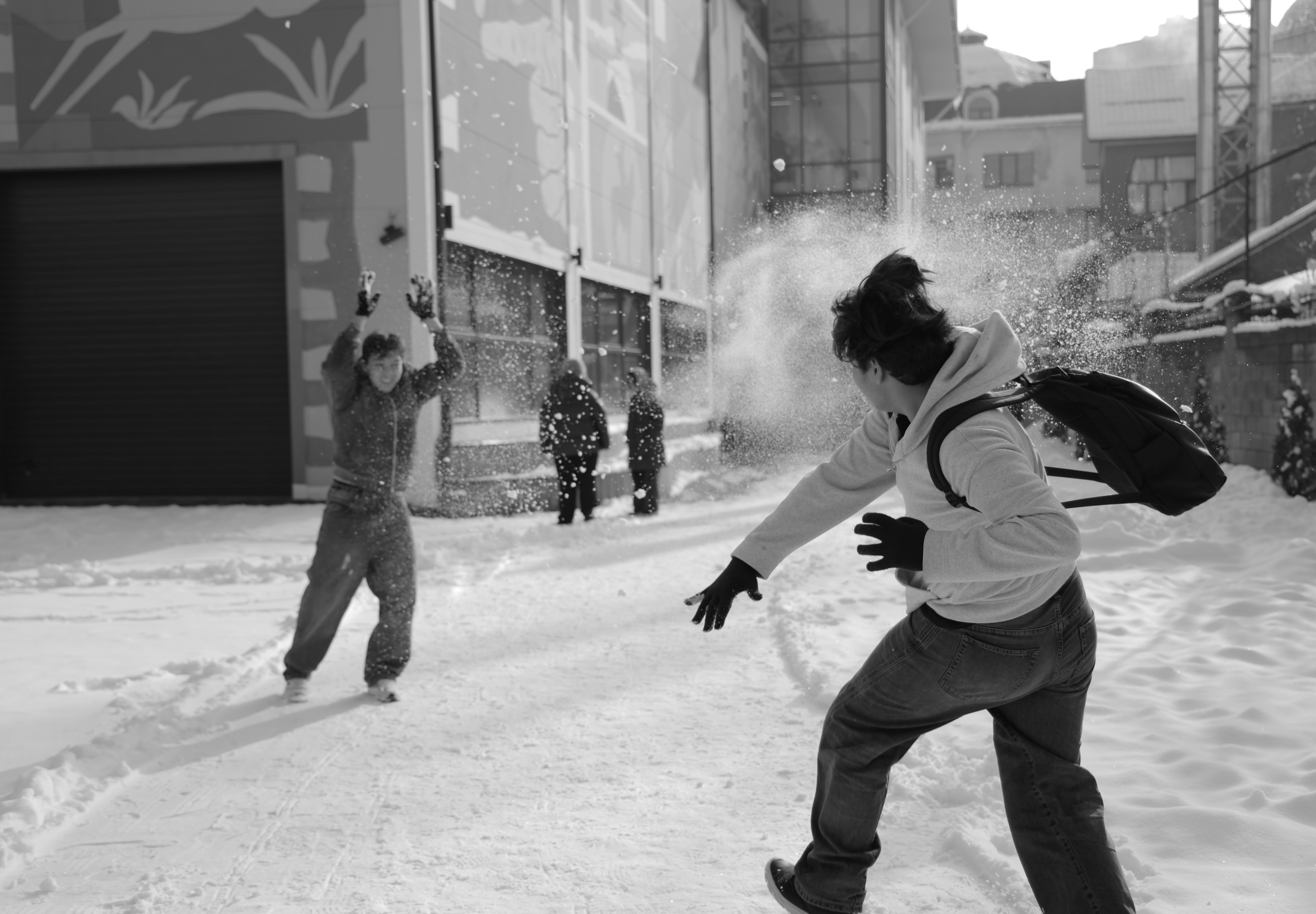 People having a snowball fight in the snow.