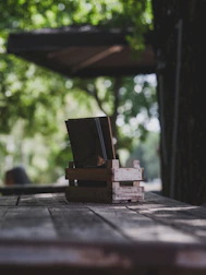 Wooden crates on a rustic table outdoors