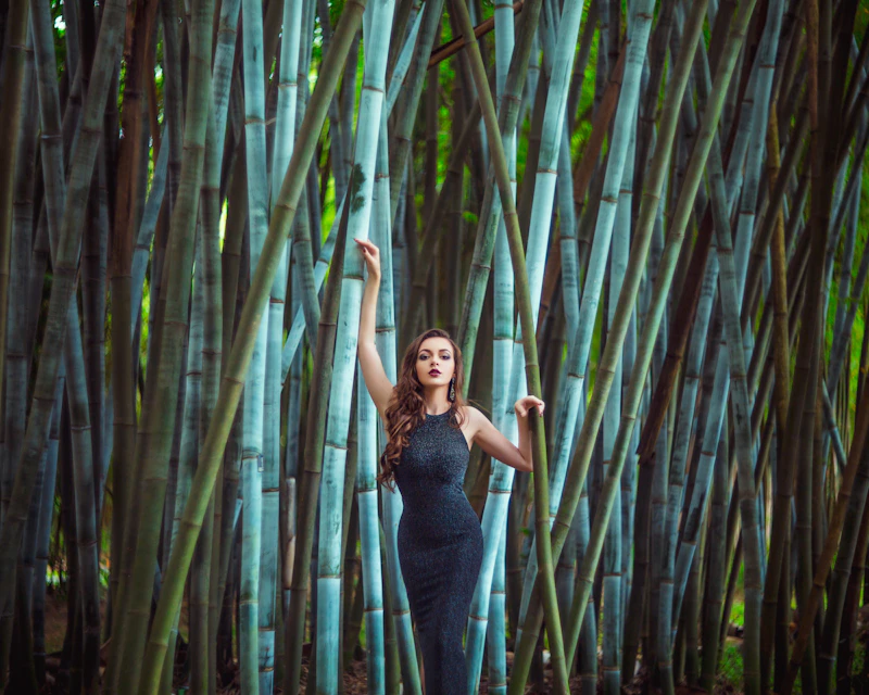 Woman posing among tall bamboo stalks