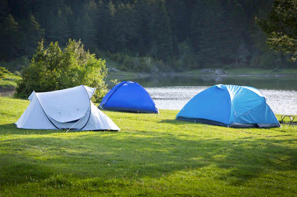 Tents set up beside a lake