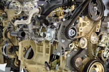 Close-up view of a complex engine mechanism