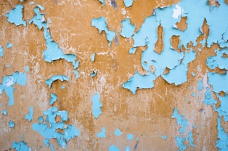Peeling turquoise paint on a weathered orange wall.