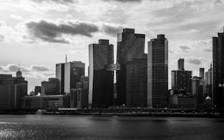 Black and white cityscape with modern skyscrapers and river.