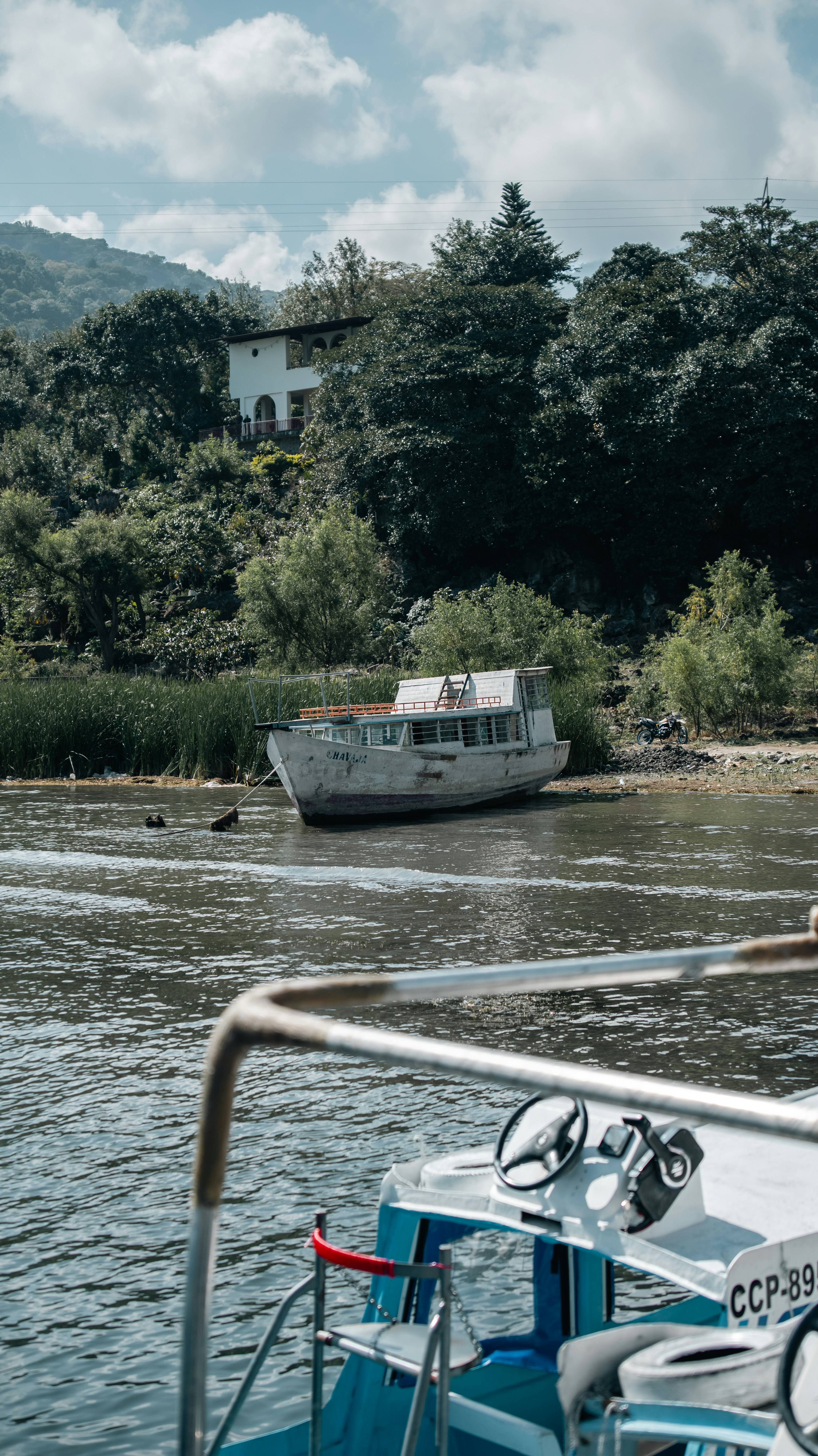 A weathered boat rests on a grassy shore near trees.