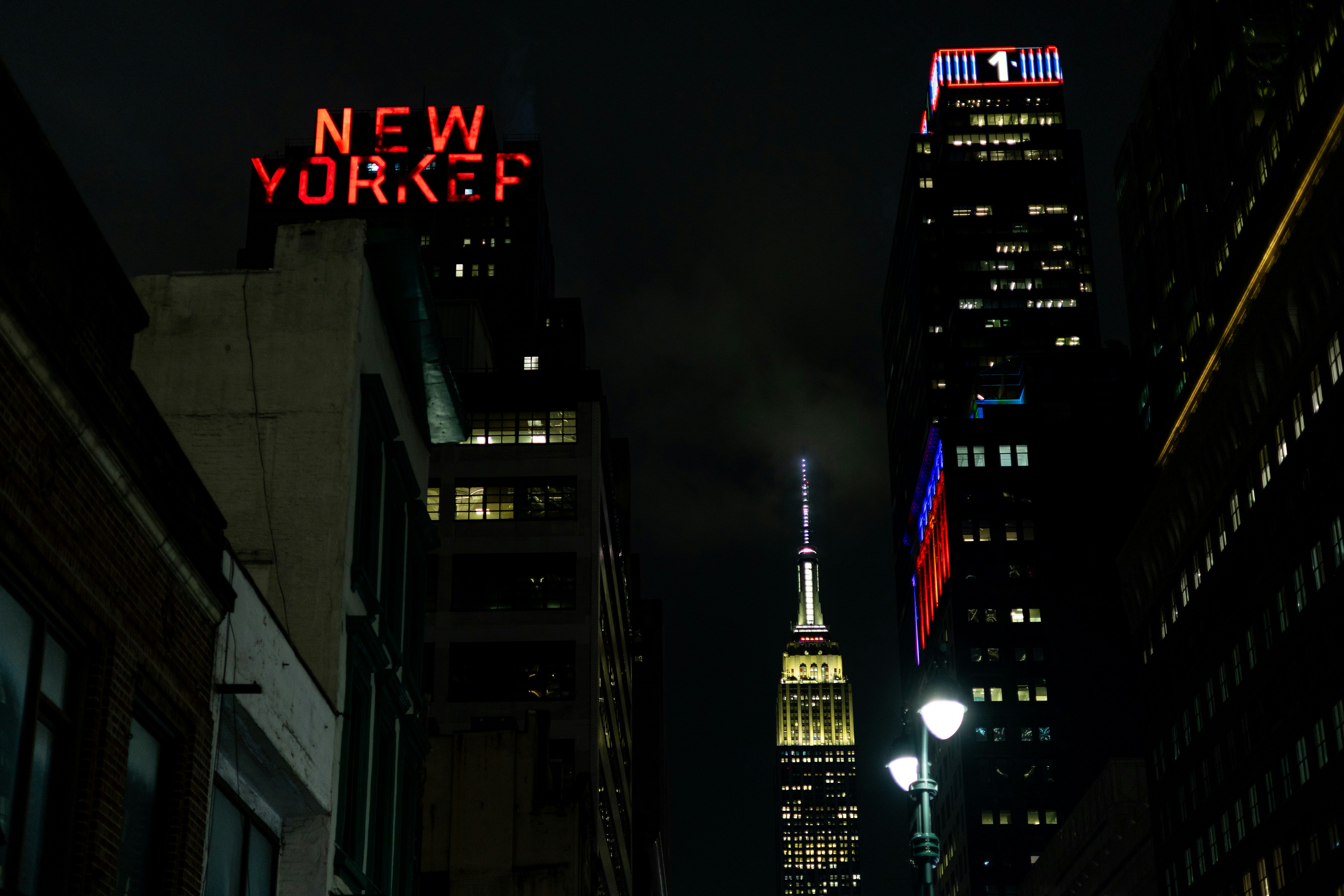 New york city skyline at night with empire state building.