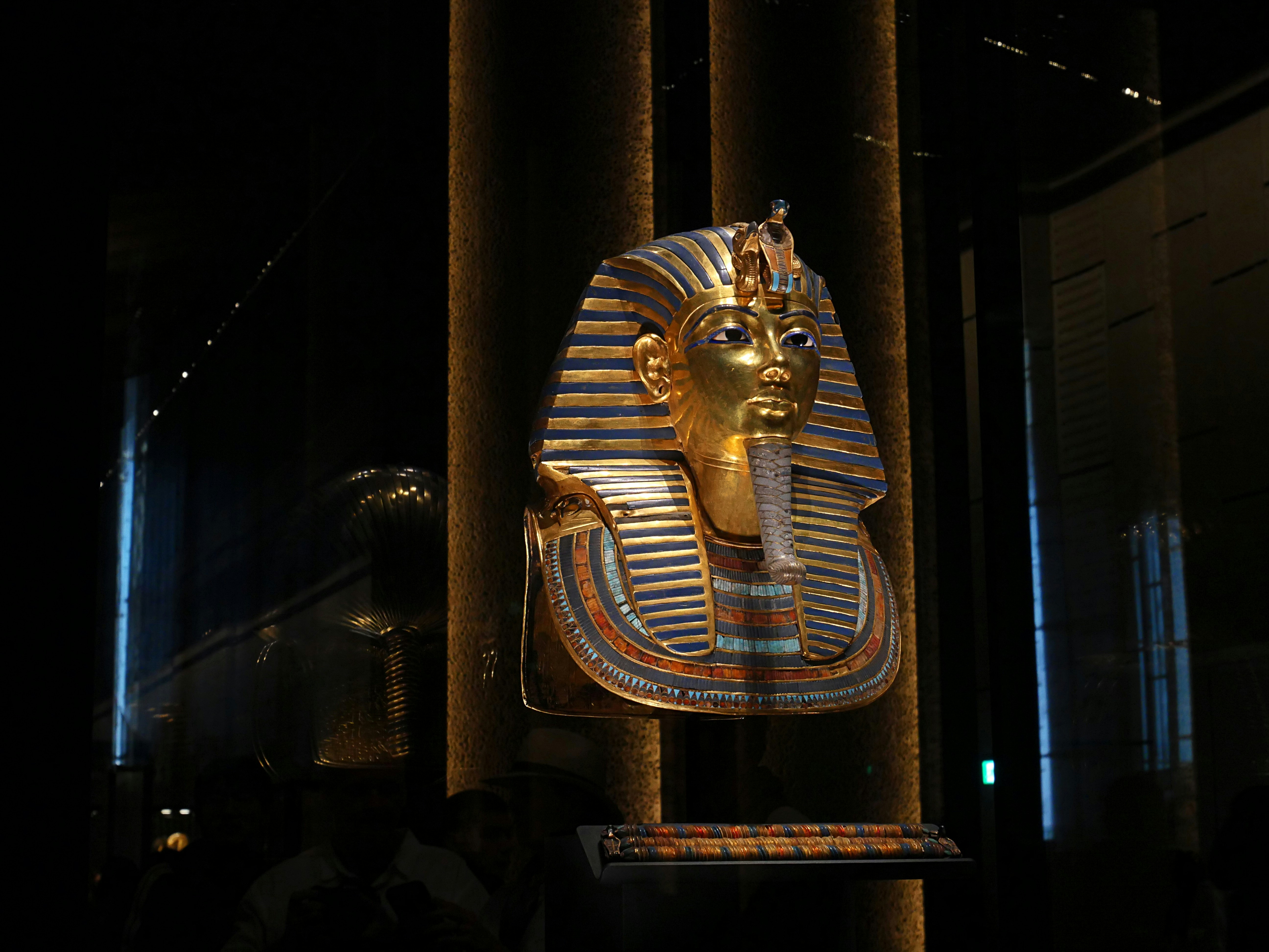 Golden funerary mask of tutankhamun on display