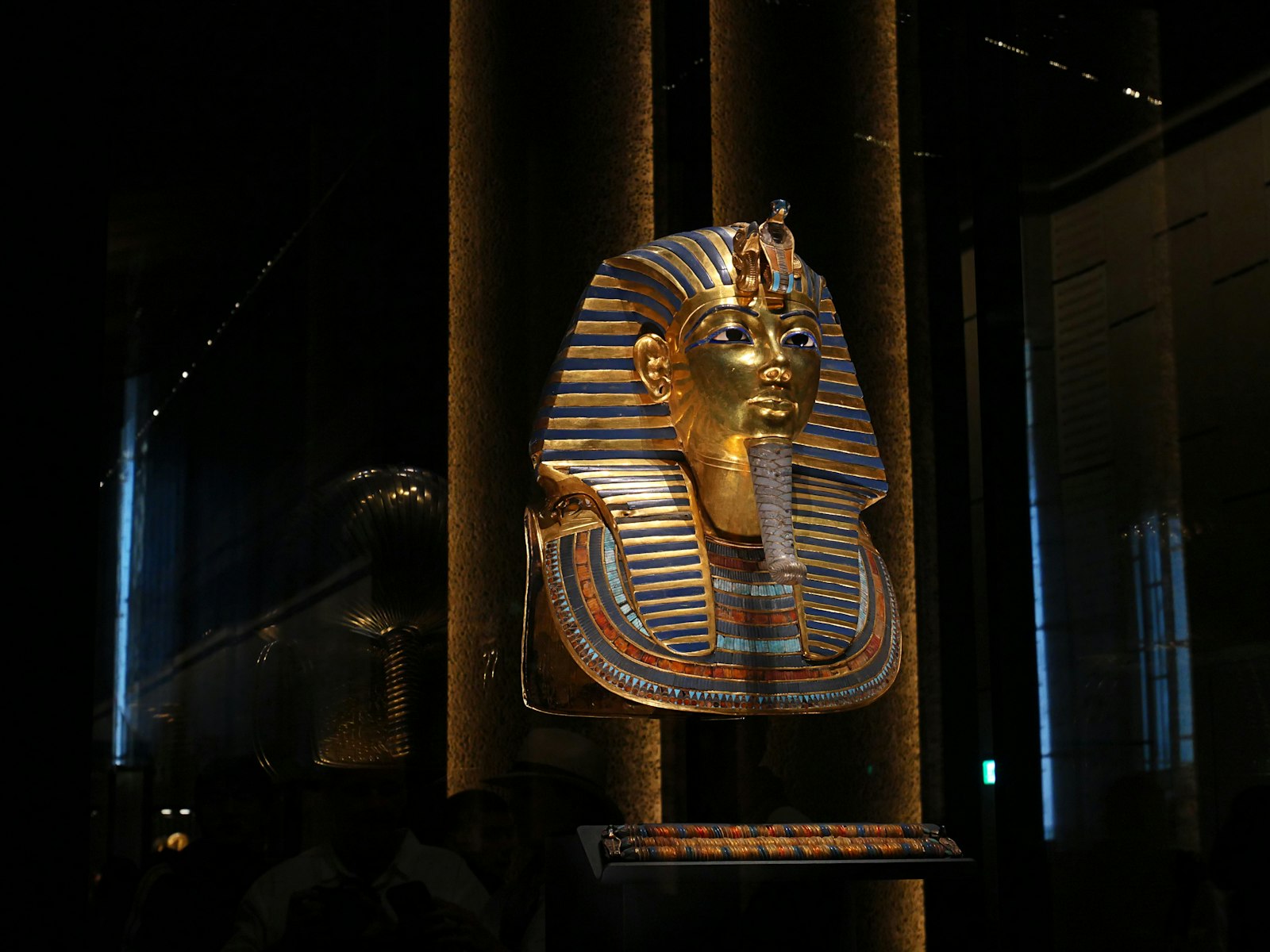 The golden funerary mask of Tutankhamun on display at the Grand Egyptian Museum