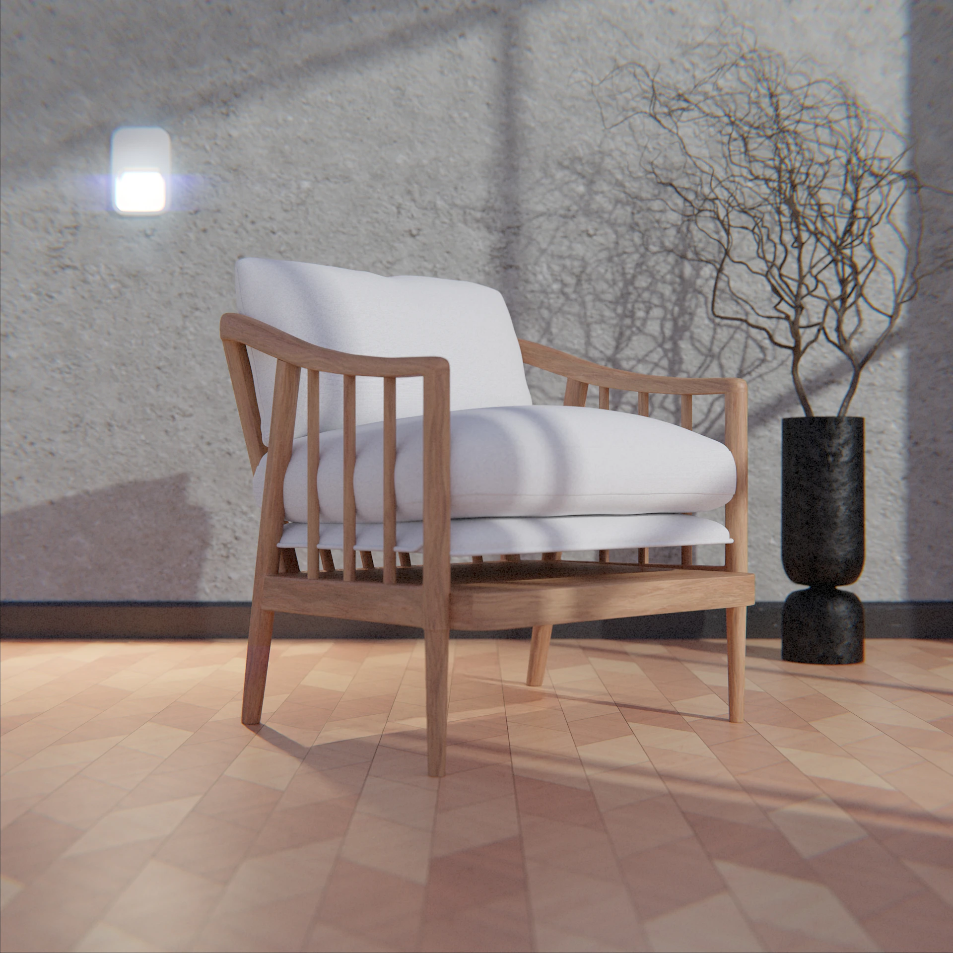 A wooden armchair with white cushions in a room.