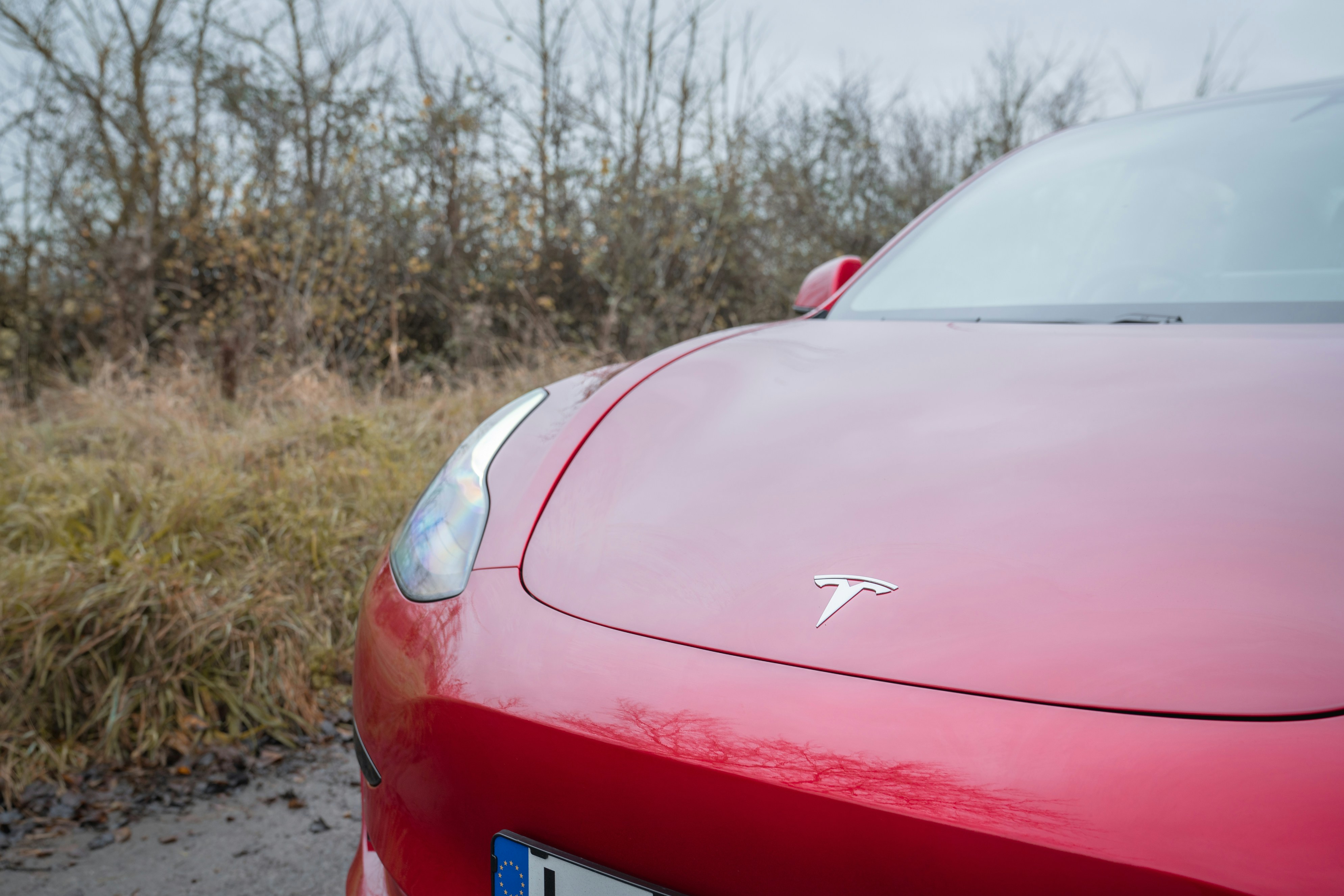 Red tesla car parked outdoors near dry grass