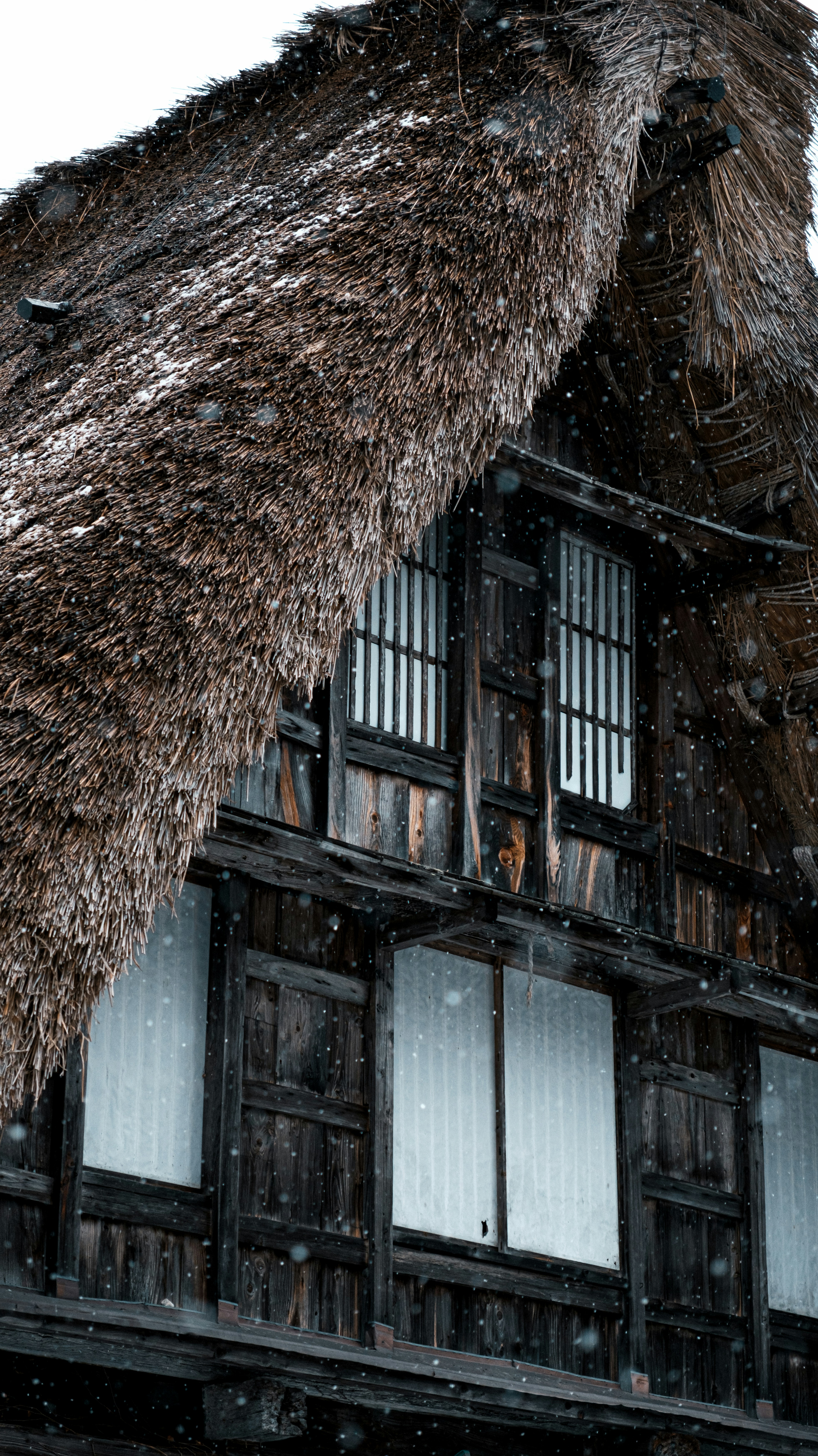 Traditional japanese house with thatched roof in snow