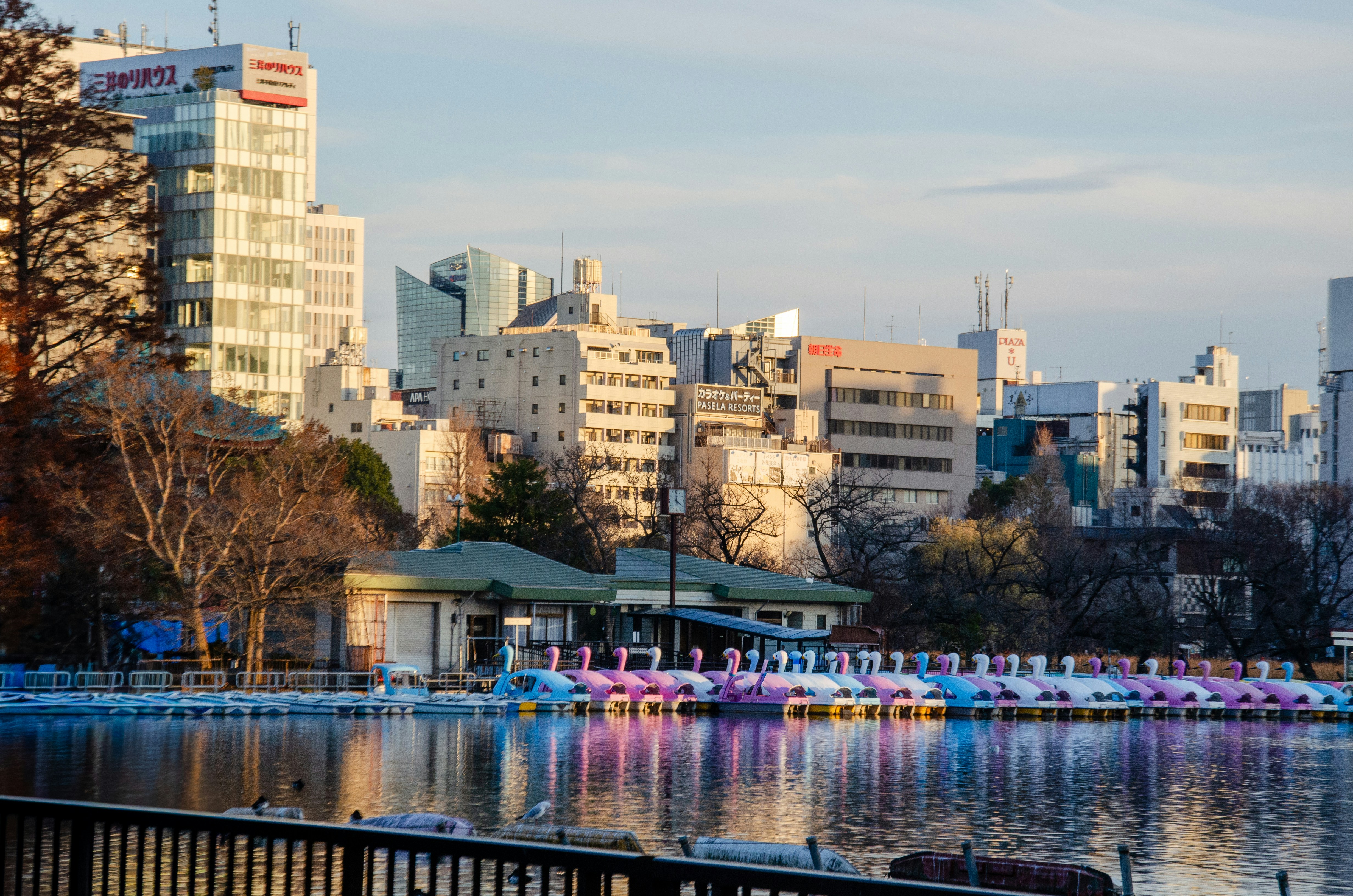 City skyline reflected in a lake with paddle boats