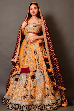 Woman in ornate yellow and maroon traditional indian attire.