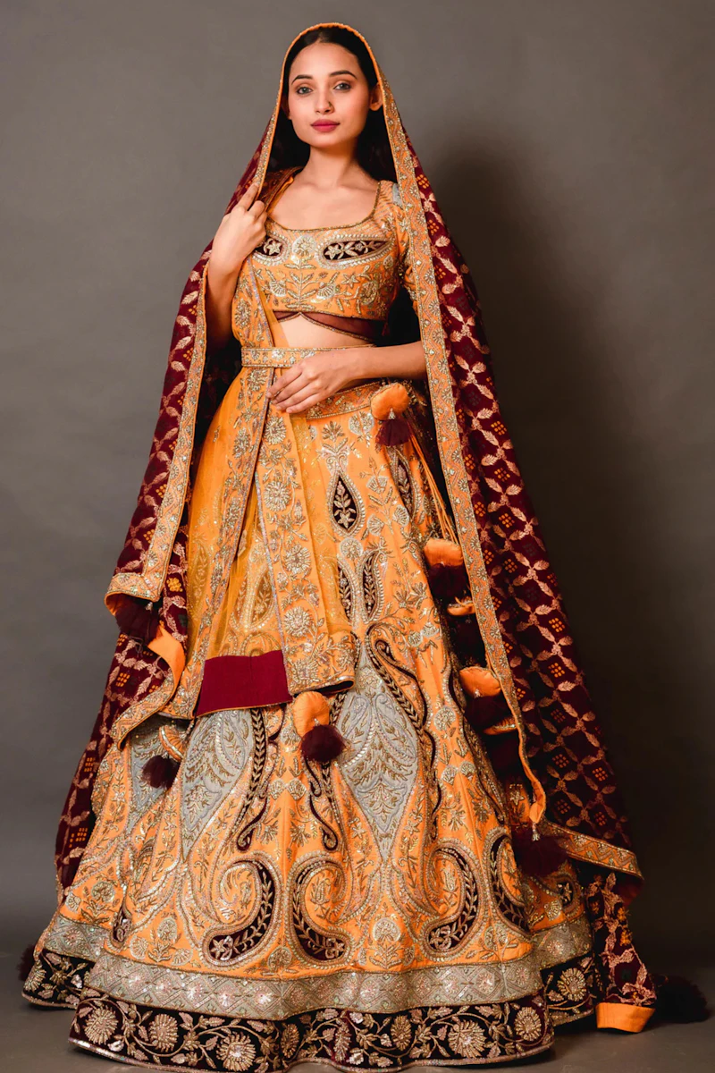 Woman in ornate yellow and maroon traditional Indian attire — custom blouse detail