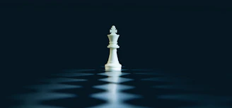 A single white chess king stands on a dark board.