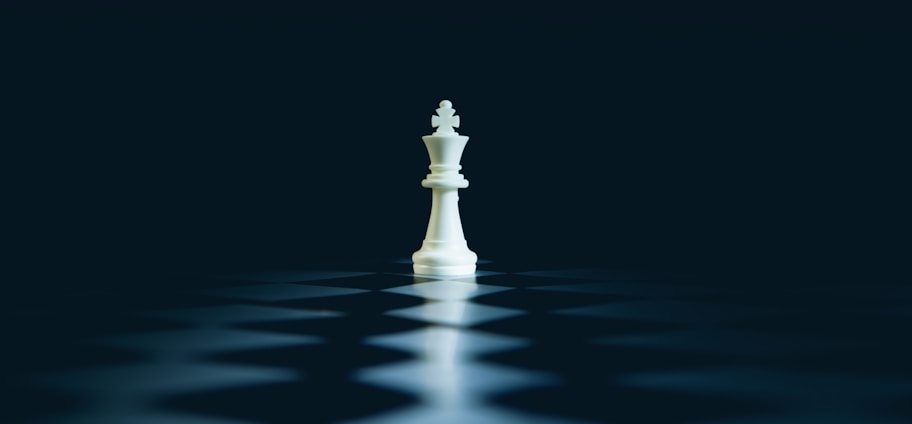 A single white chess king stands on a dark board.