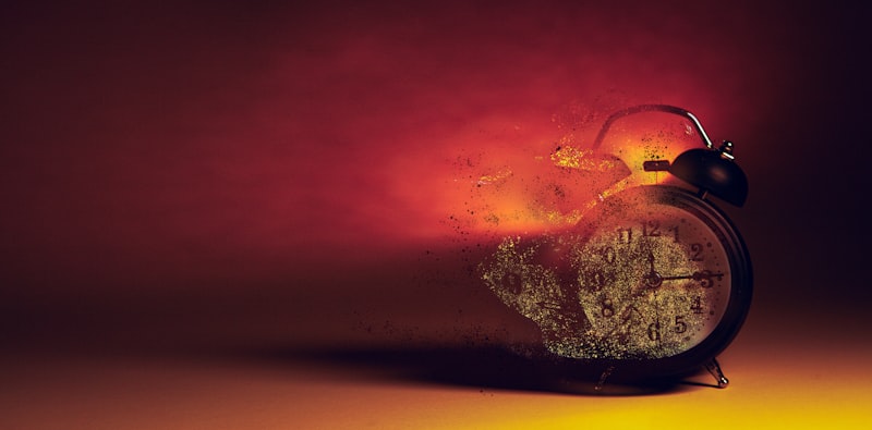 Alarm clock disintegrating into smoke and embers, symbolizing wasted time