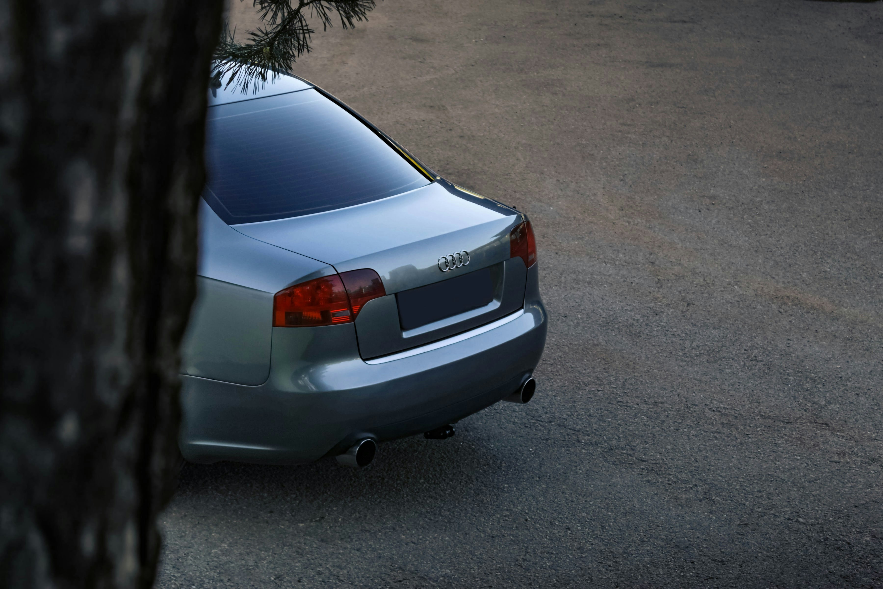 Silver sedan parked on asphalt near trees