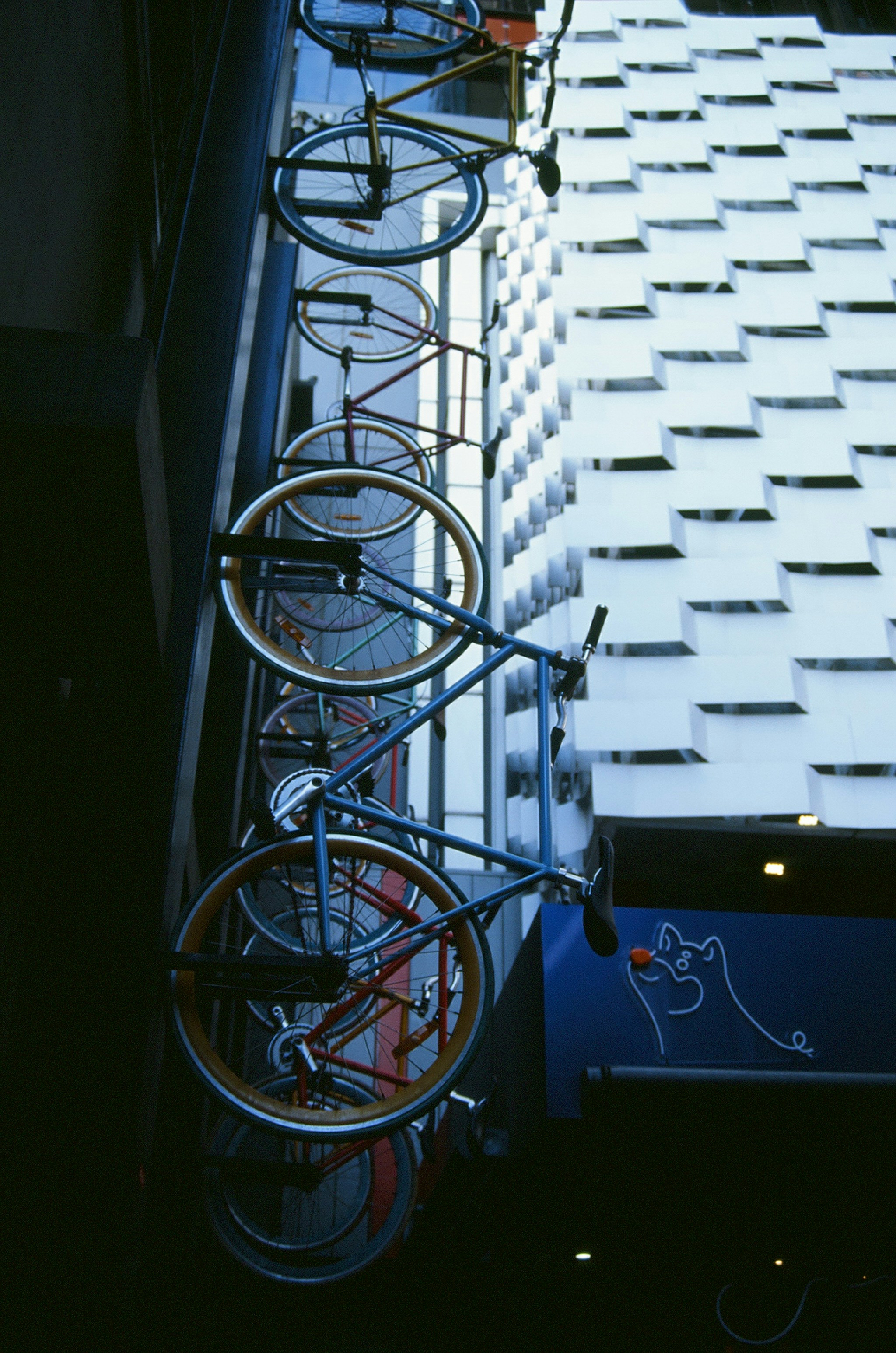 Bicycles mounted on a building wall