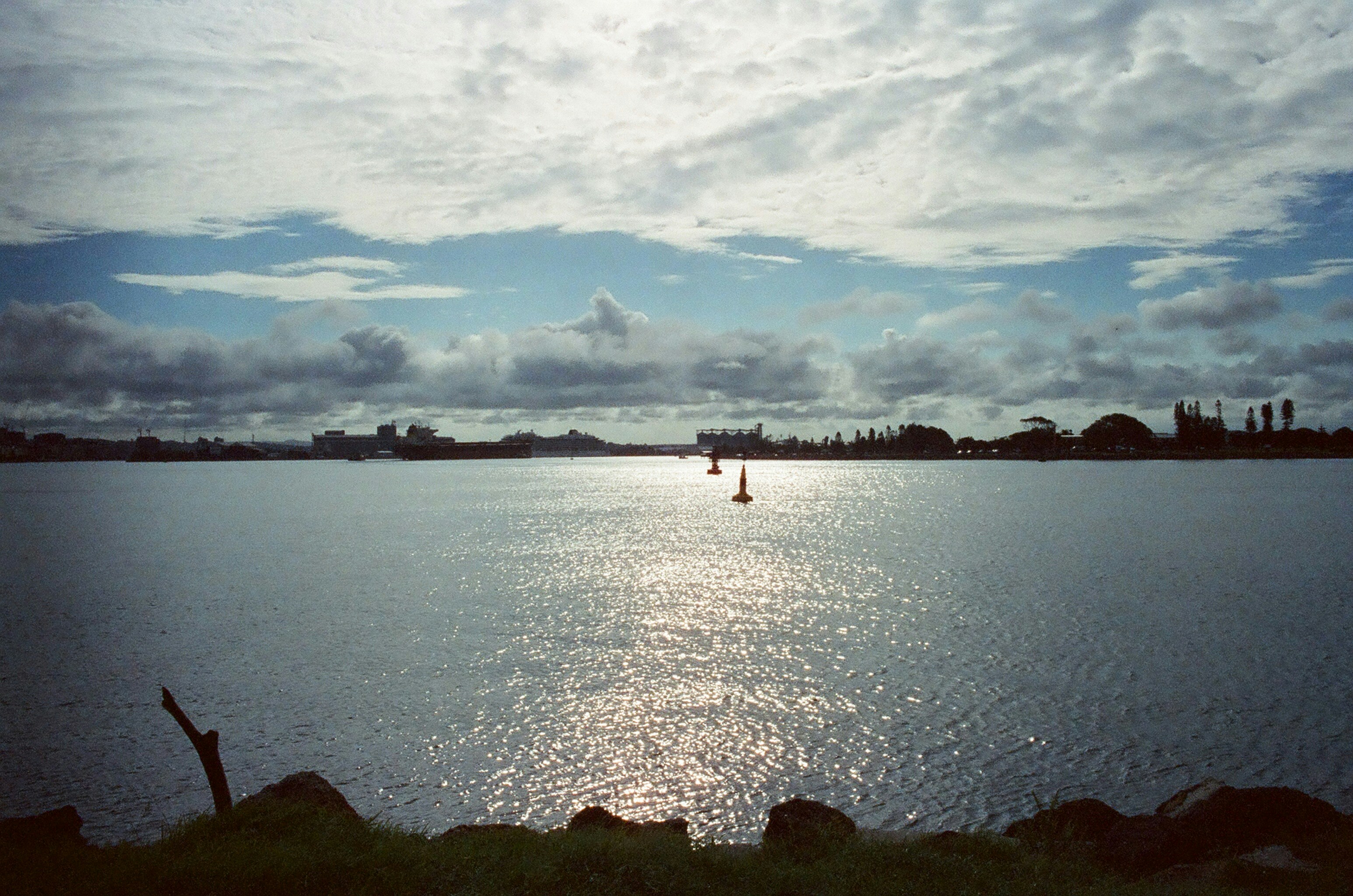 Sailboats on a calm bay with distant cityscape.
