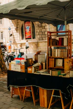 Outdoor book stall with shelves and tables of books.