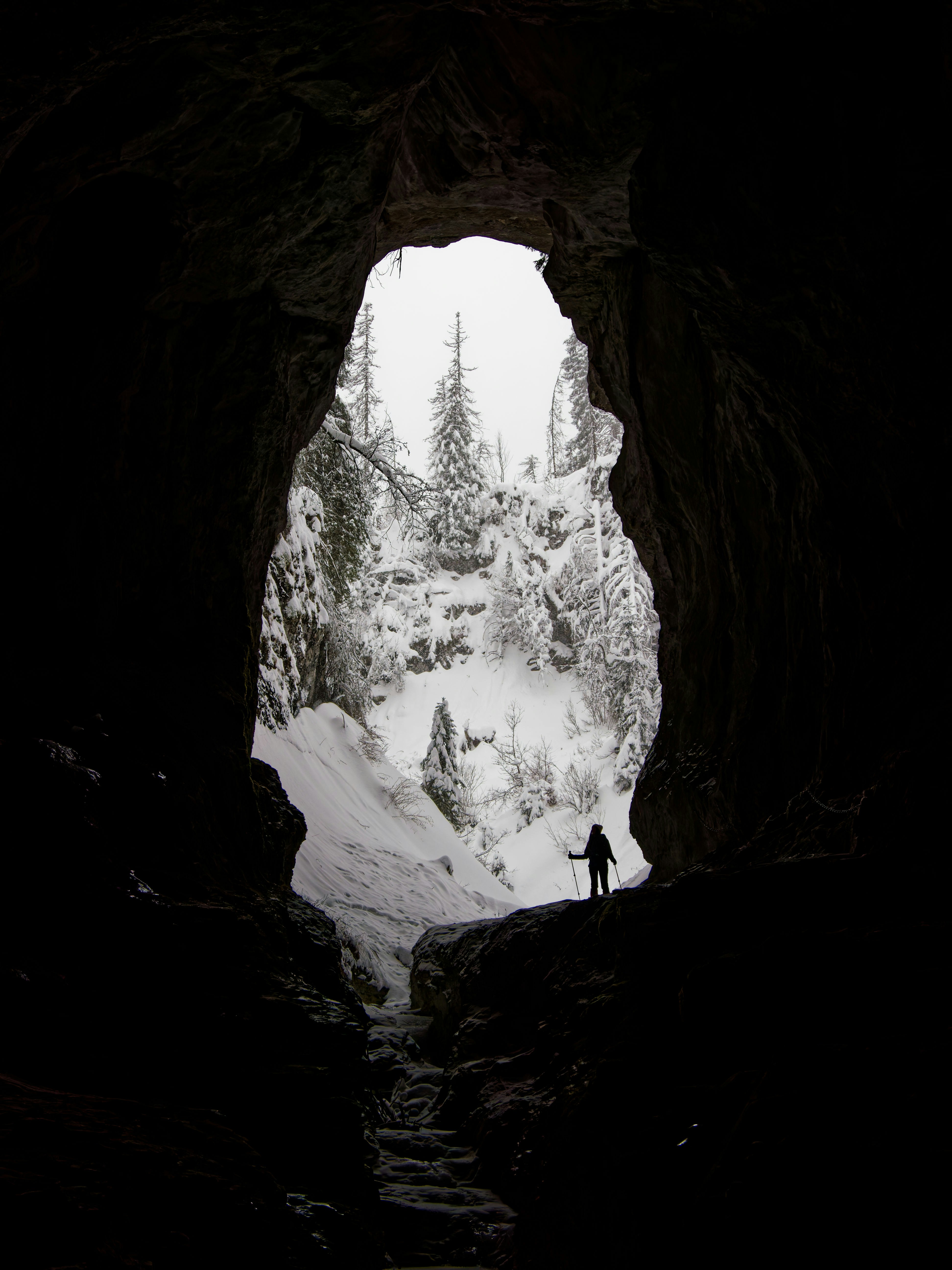 Person standing at cave entrance overlooking snowy forest