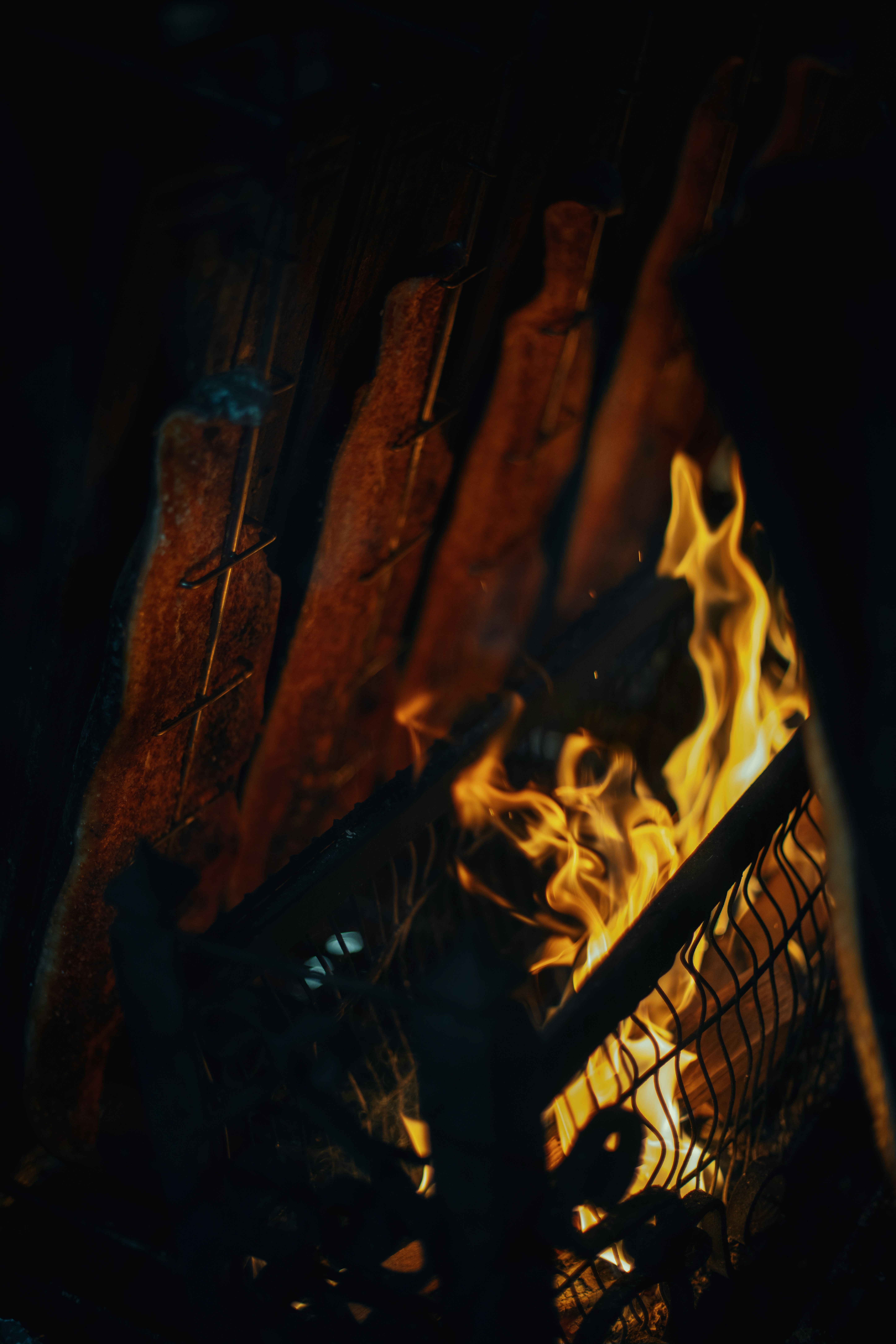 Salmon cooking over an open campfire