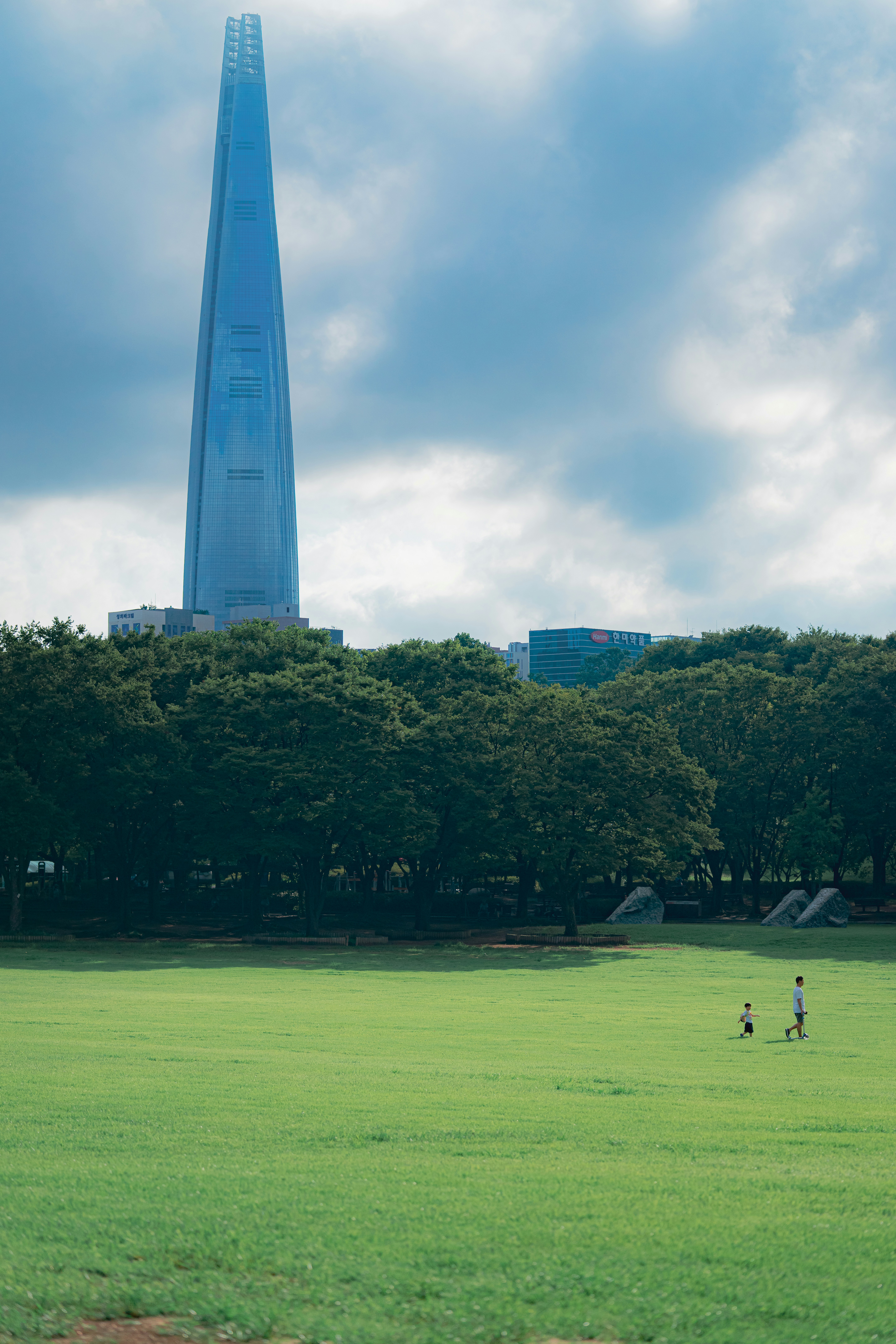 Skyscraper looms over a green park with people