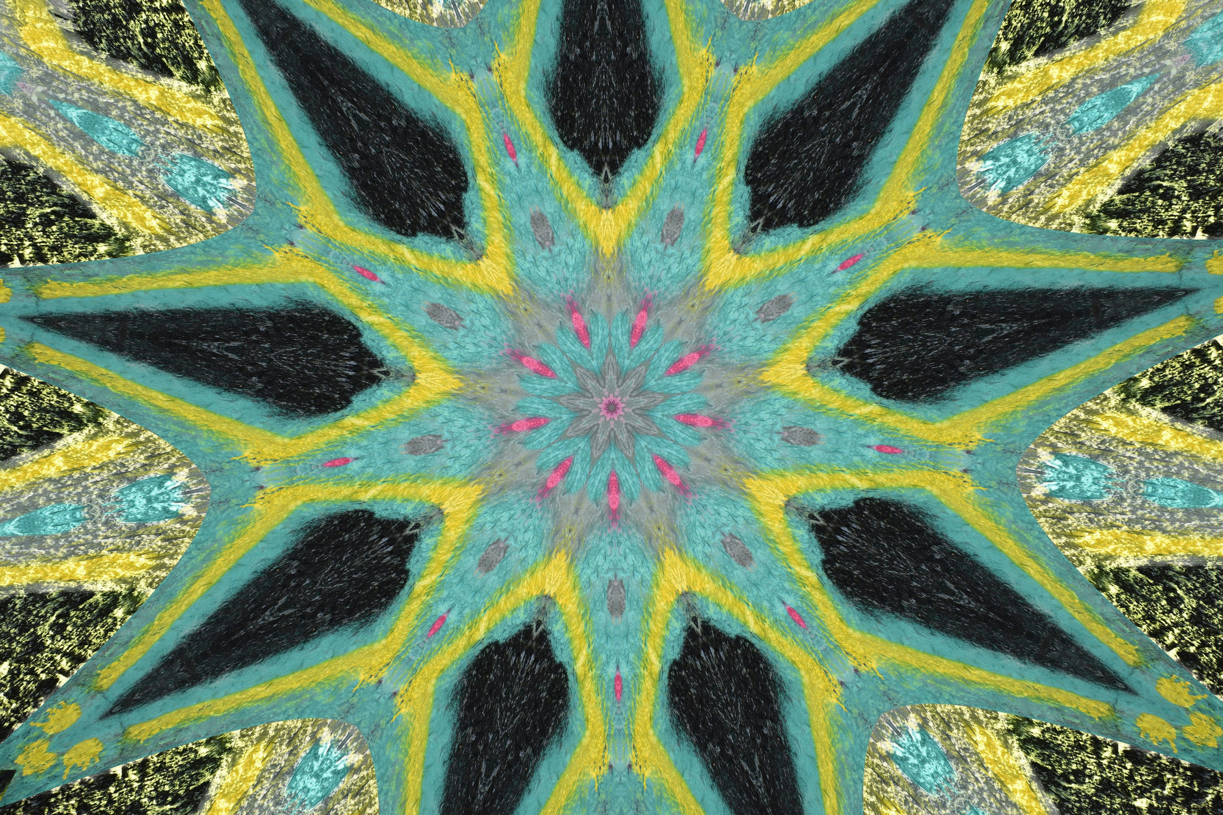 Symmetrical abstract pattern with teal, yellow, and black elements.