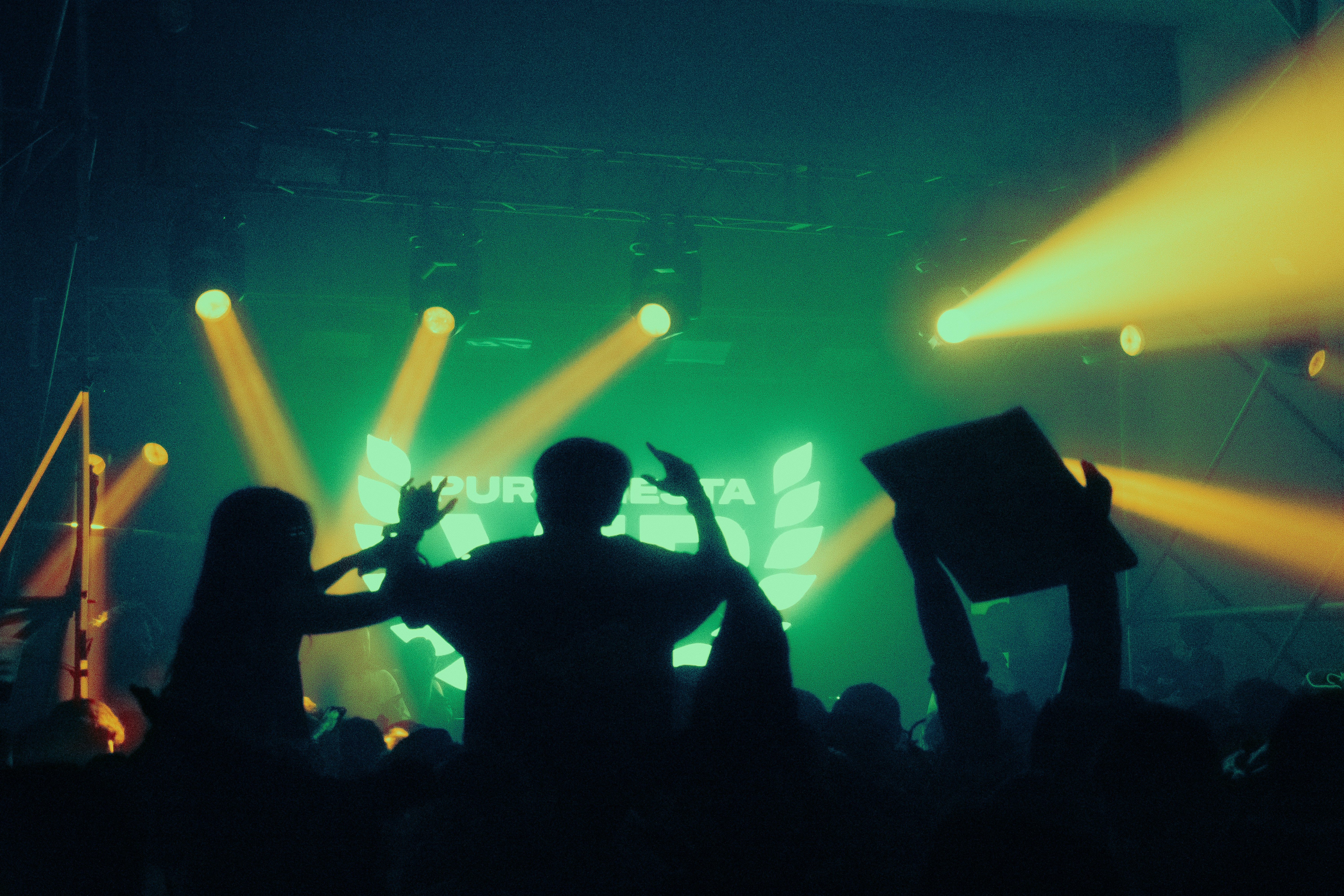 Silhouetted crowd enjoys a concert with bright stage lights.