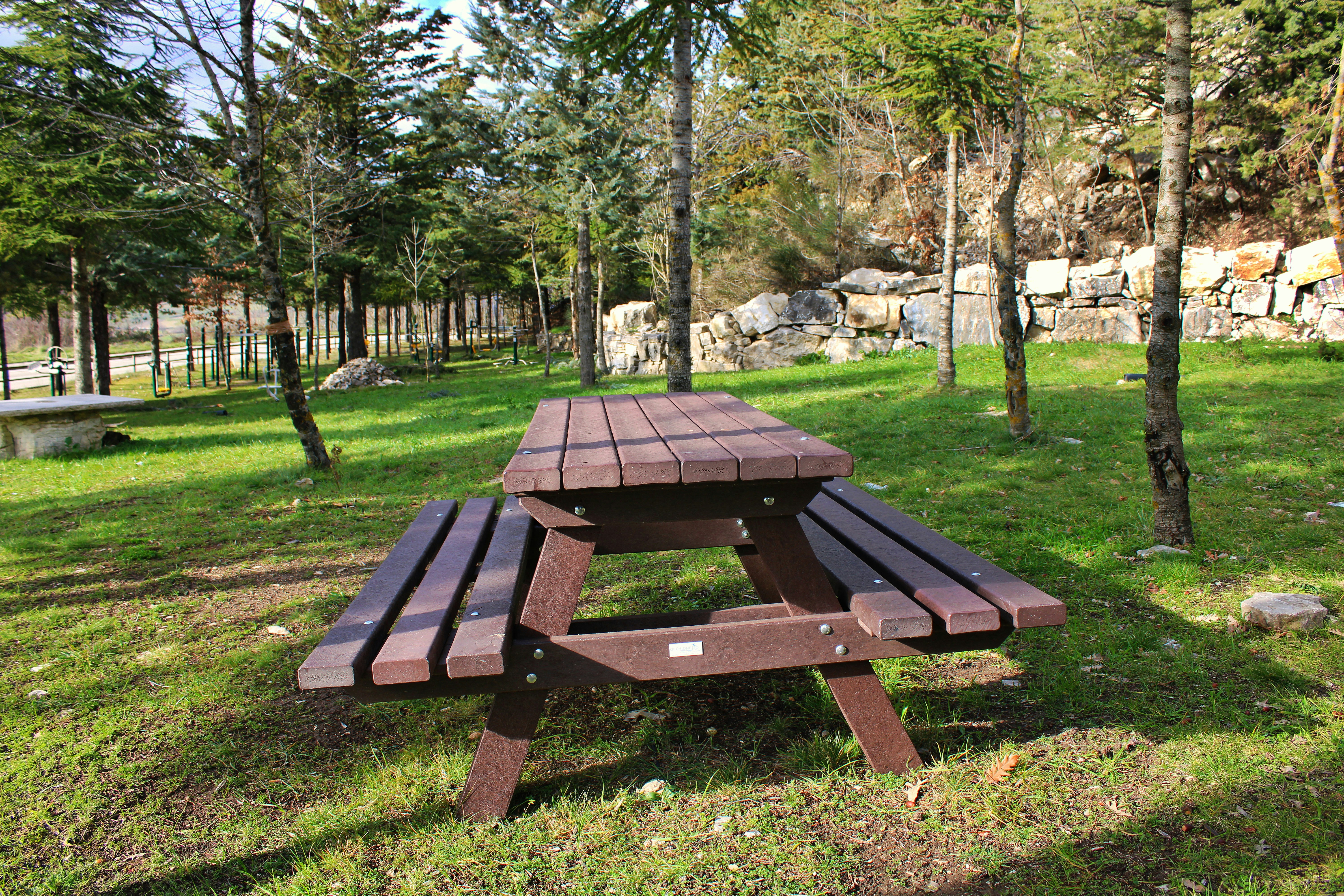Une table de pique-en bois est posée sur une pelouse herbeuse.