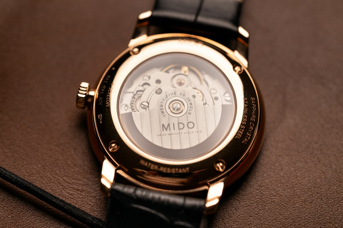Close-up of a mechanical movement; the visible parts illustrate mechanical timekeeping.