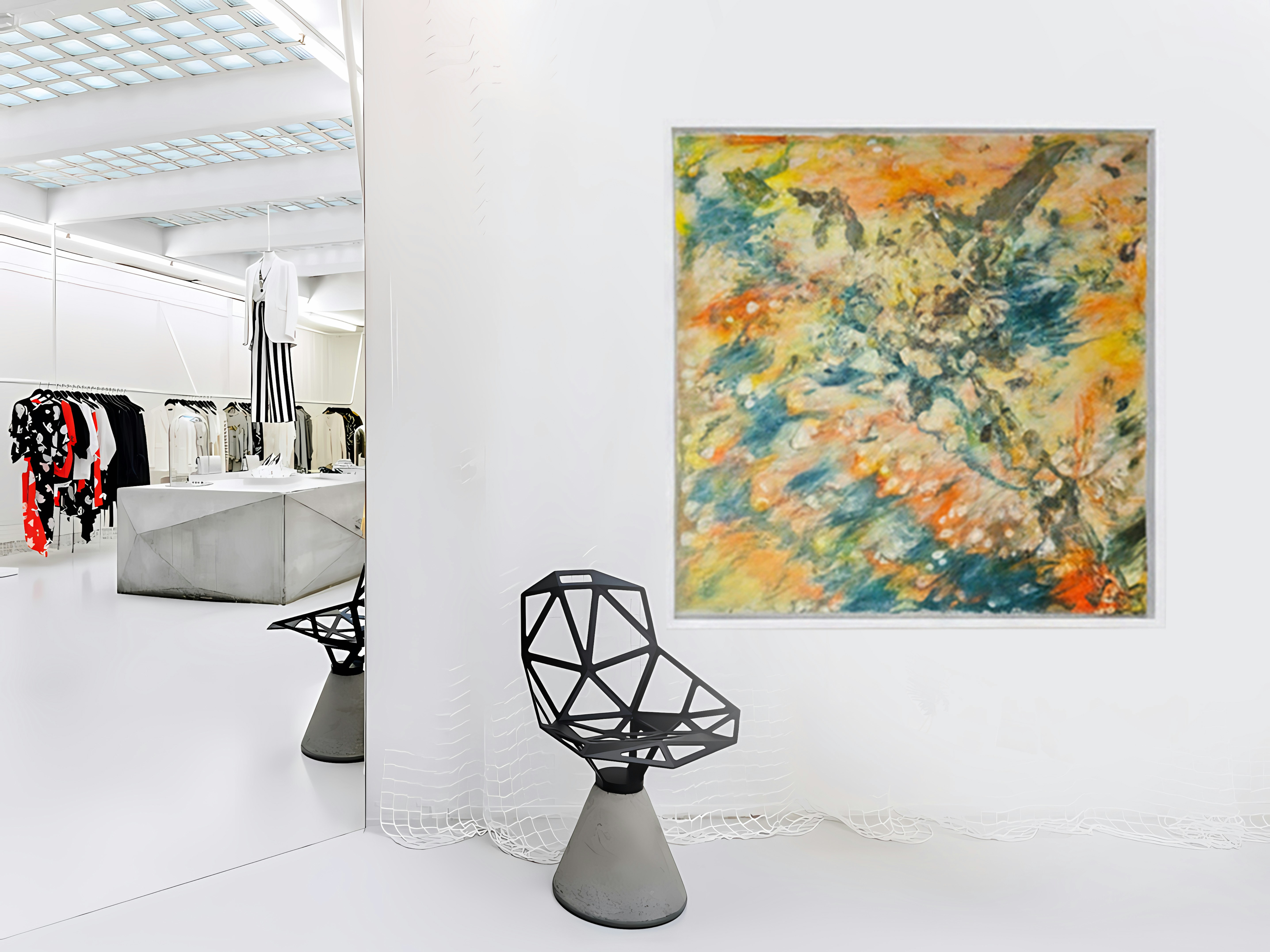 Abstract painting hangs on a white wall in a gallery.