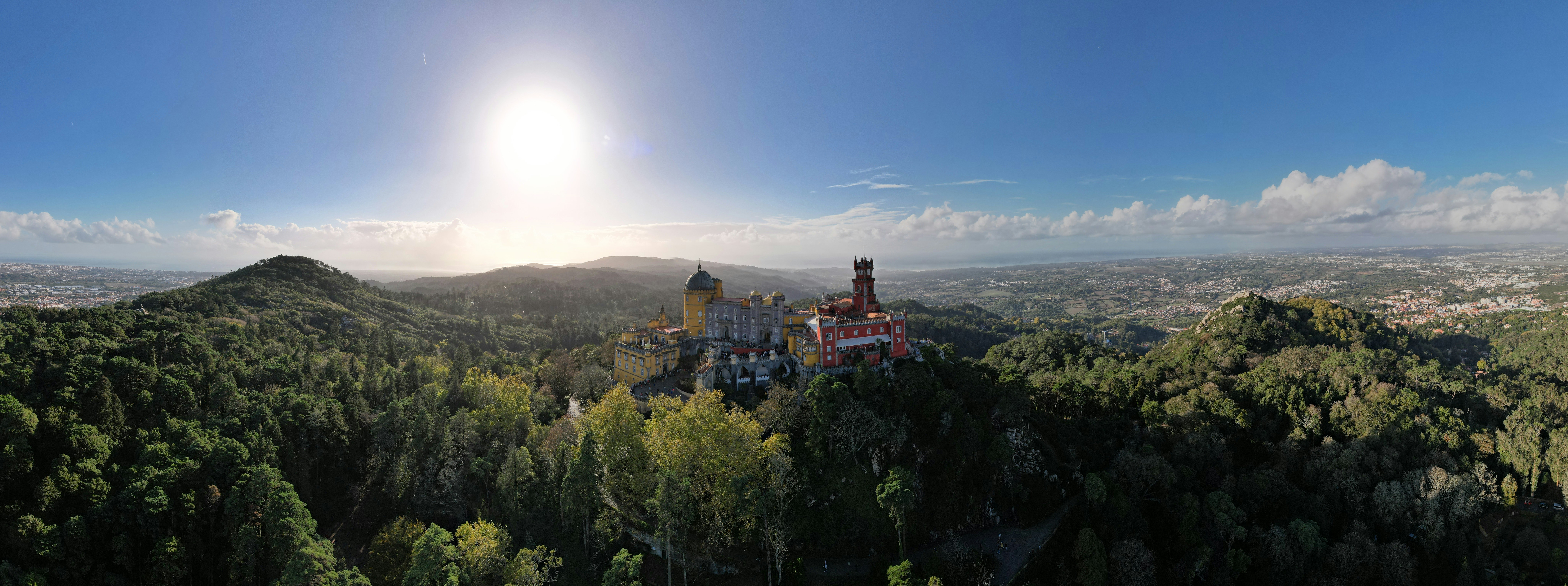 Castle on a hilltop surrounded by lush green trees.