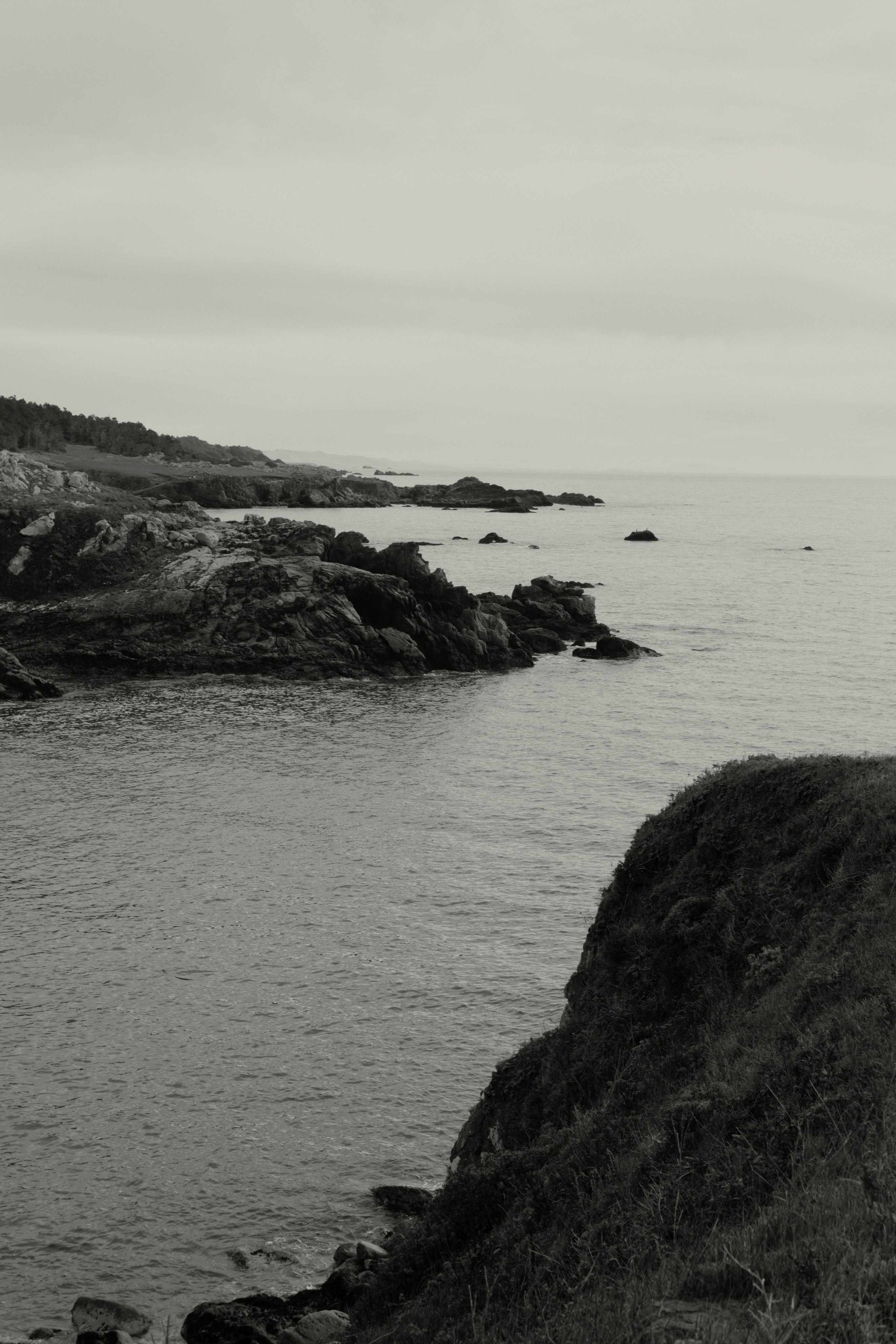 Rocky coastline with calm ocean under an overcast sky