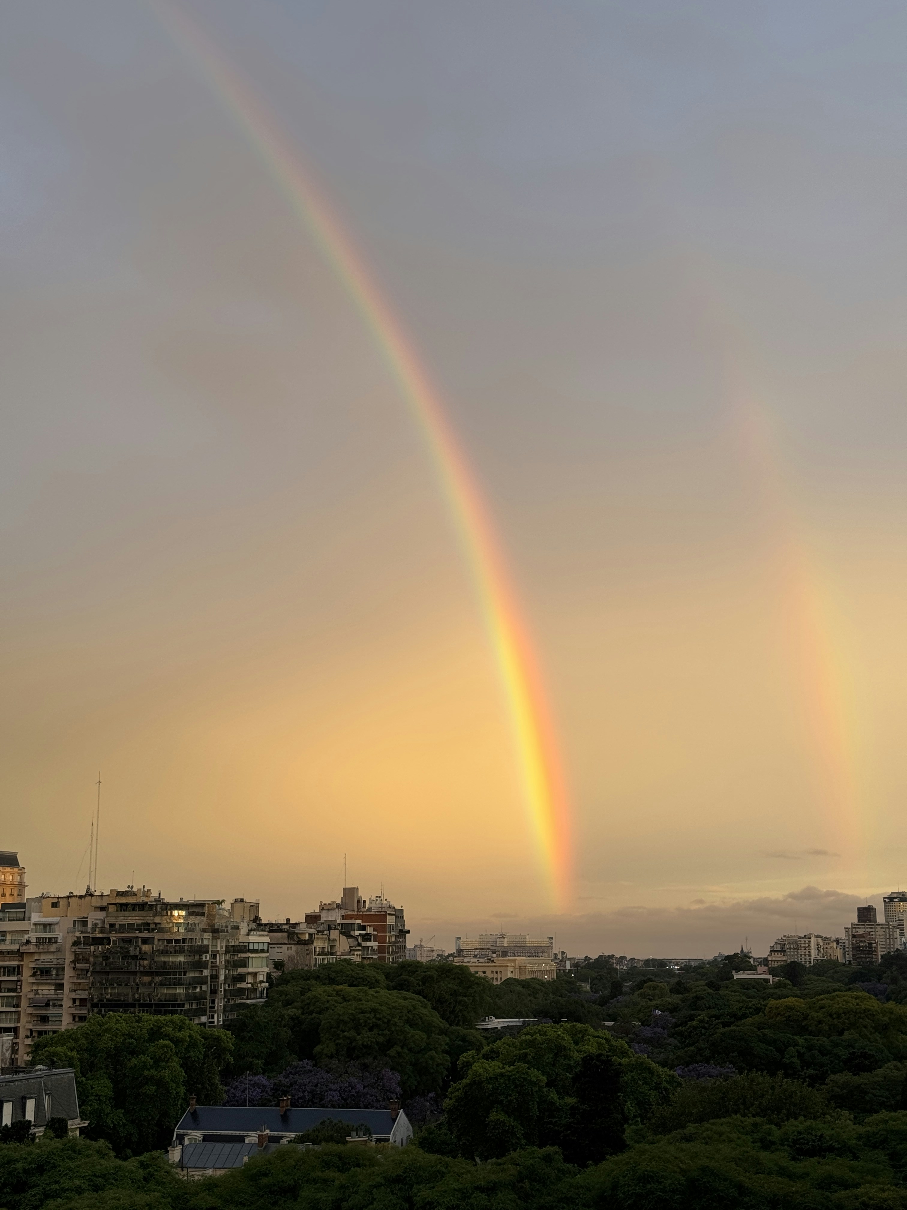 A vibrant rainbow arches over a city skyline.