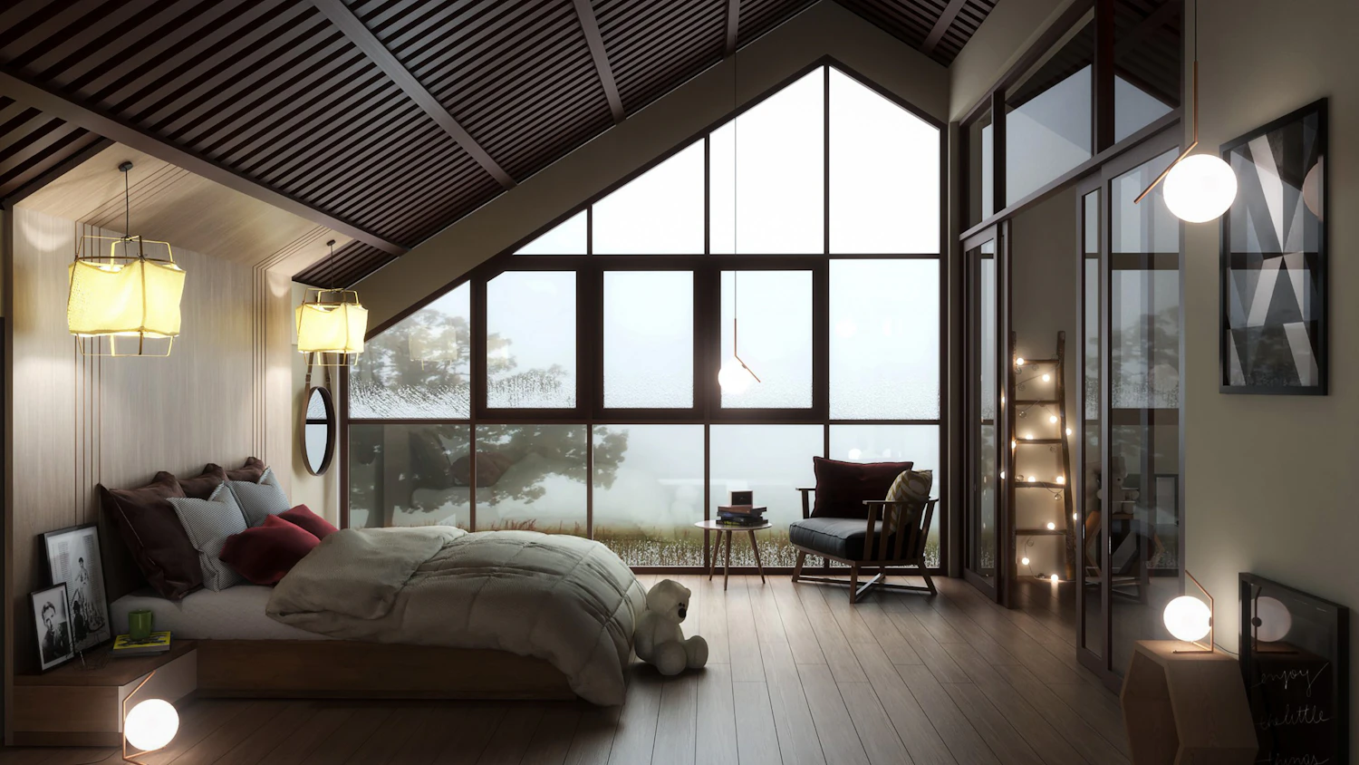 Gabled bedroom with a full glass end wall opening onto mist