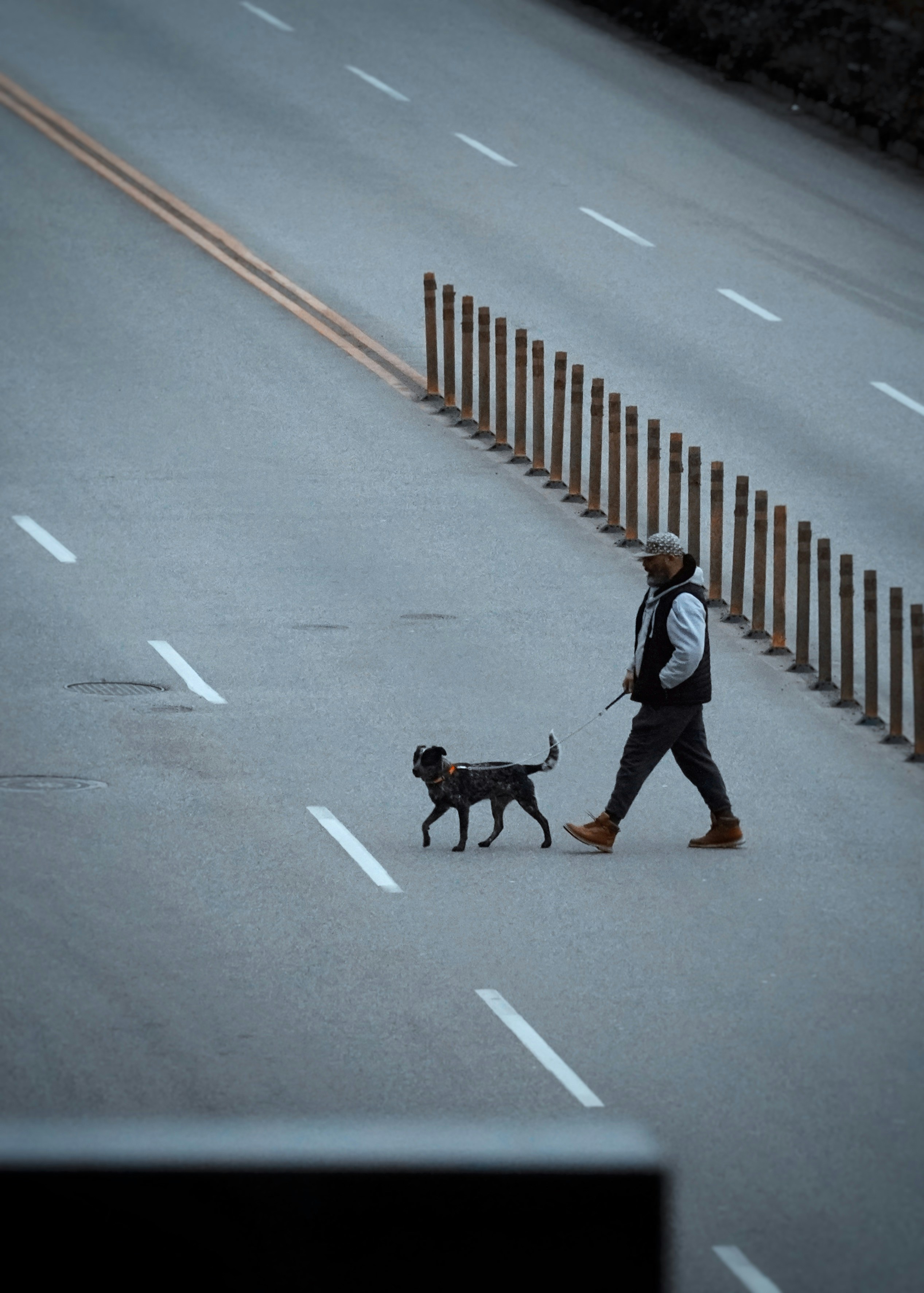 Man walks dog across empty street at dawn.