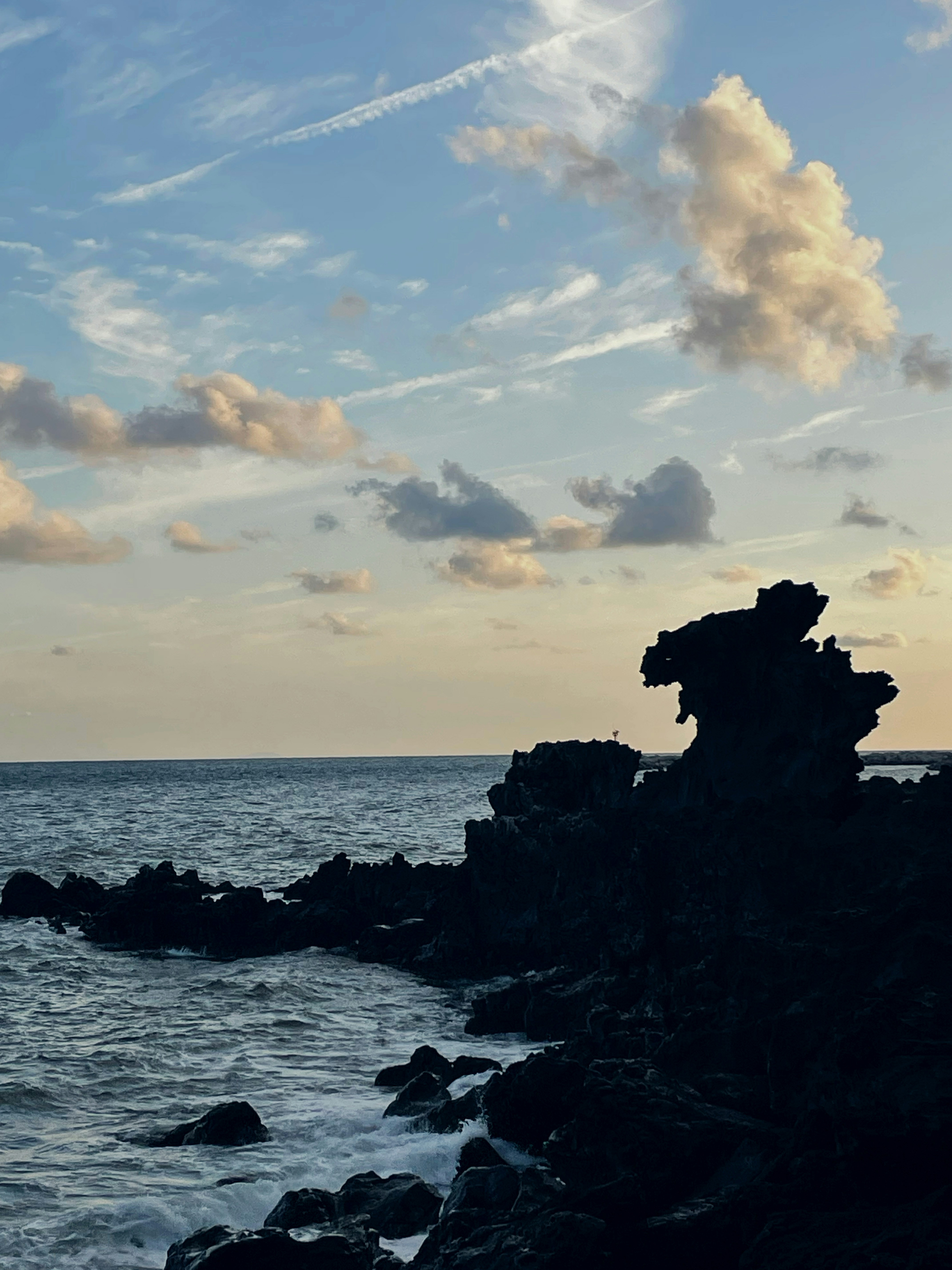 Rocky coastline with waves crashing against the shore.