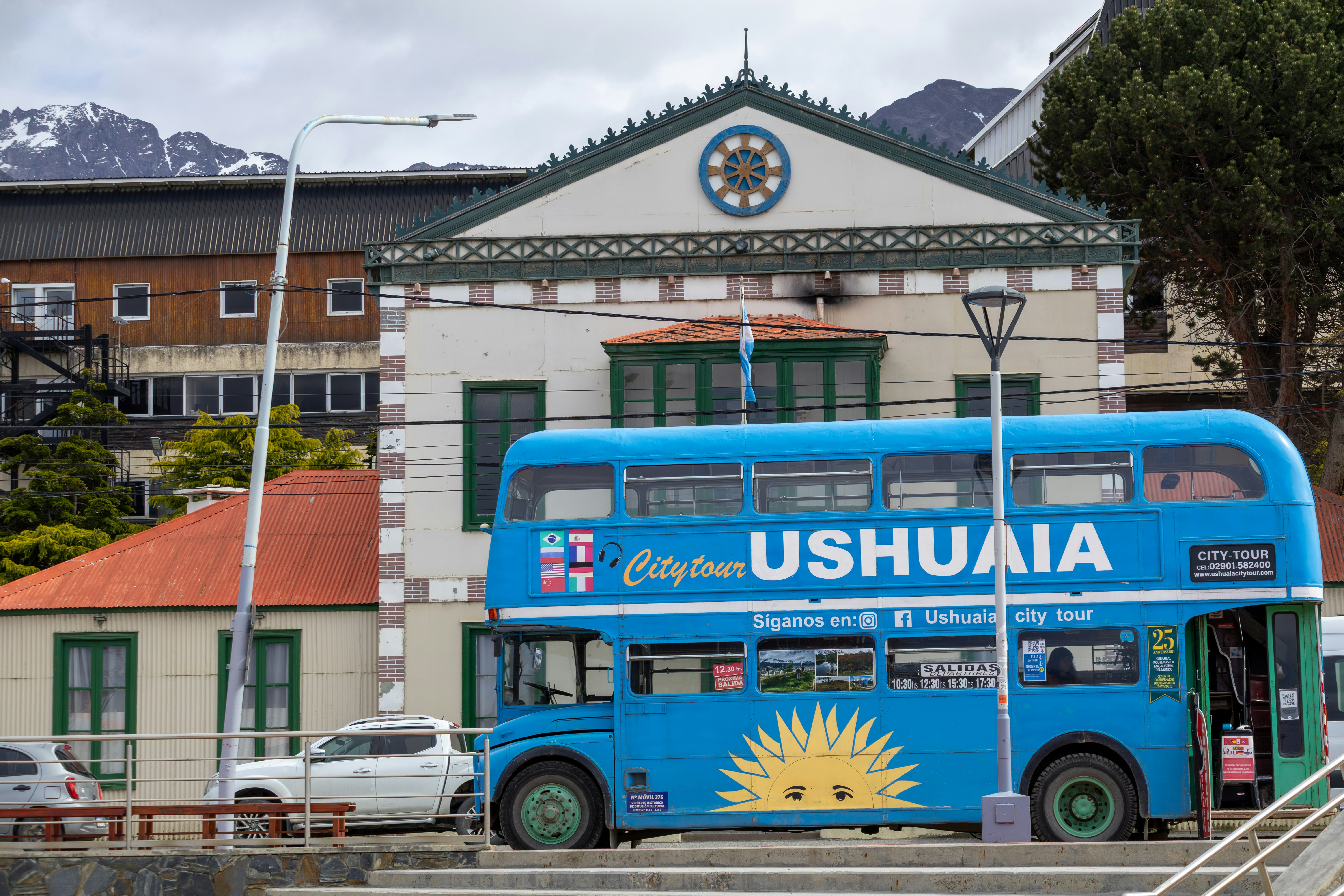 A blue double-decker bus in ushuaia