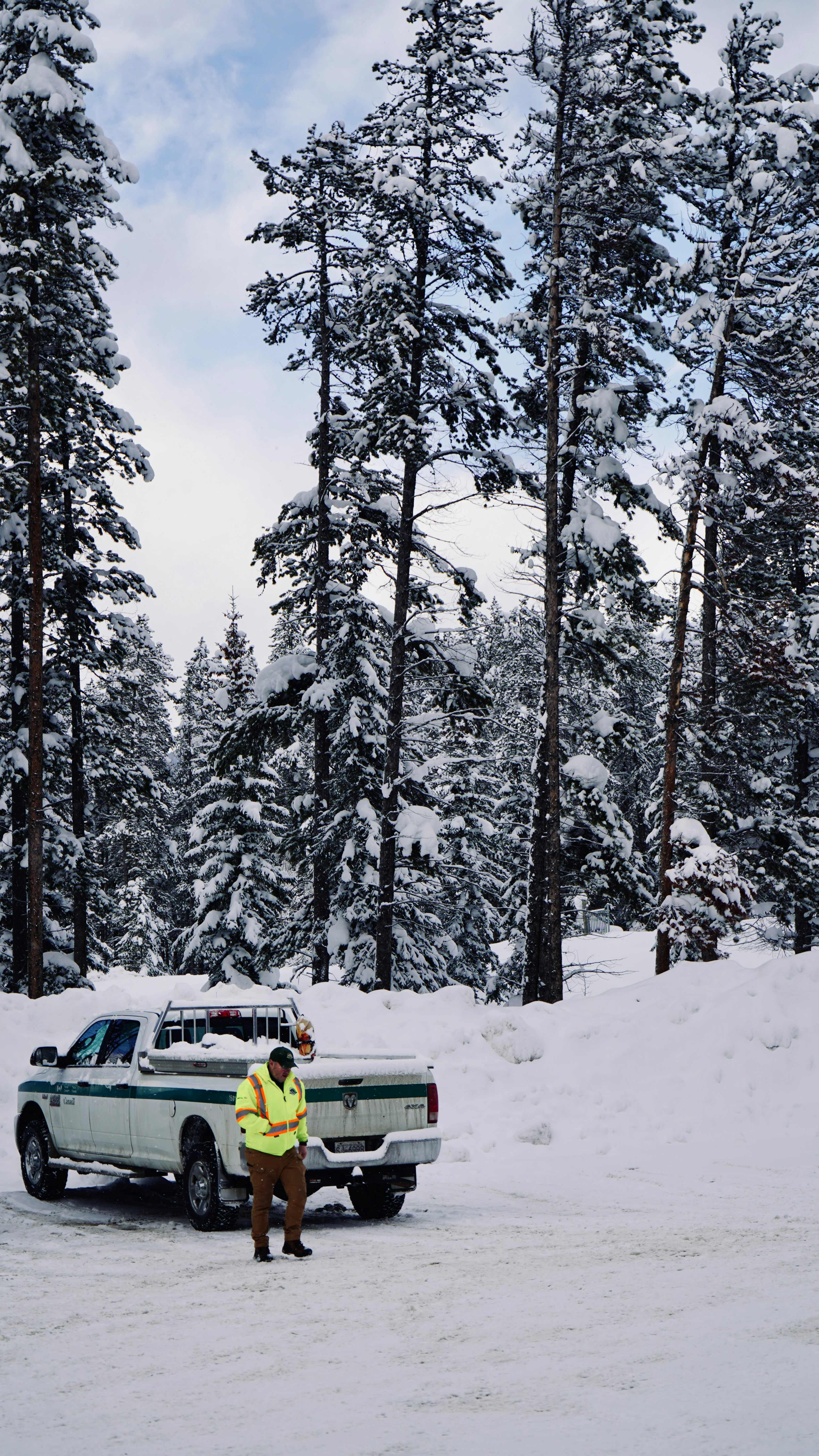 Mann in reflektierender Weste steht beim LKW im verschneiten Wald.