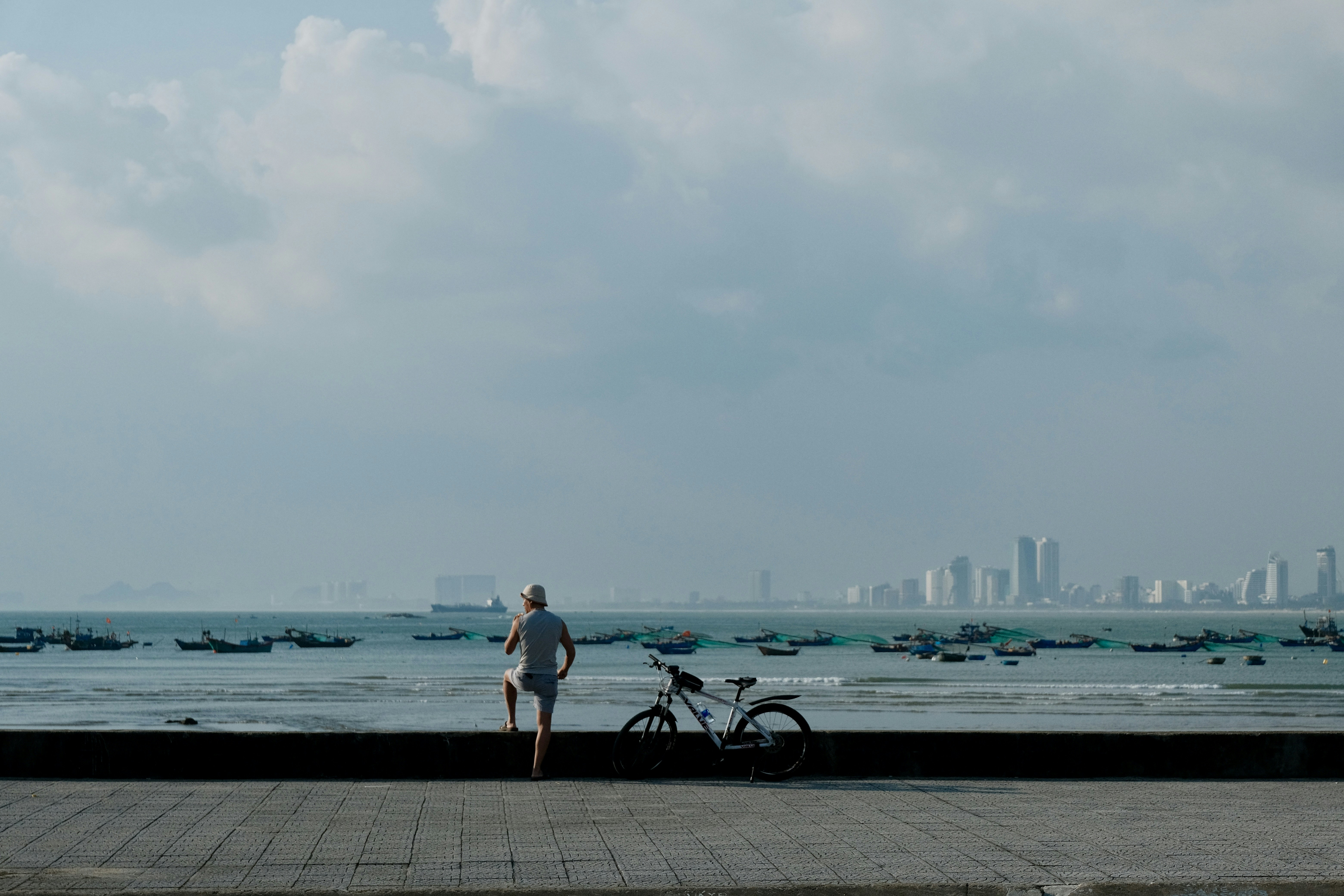 Person with bicycle by the ocean, city skyline distant.