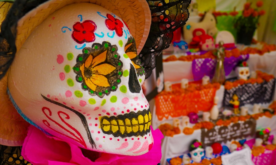 Ofrenda altar covered in orange marigolds and candles