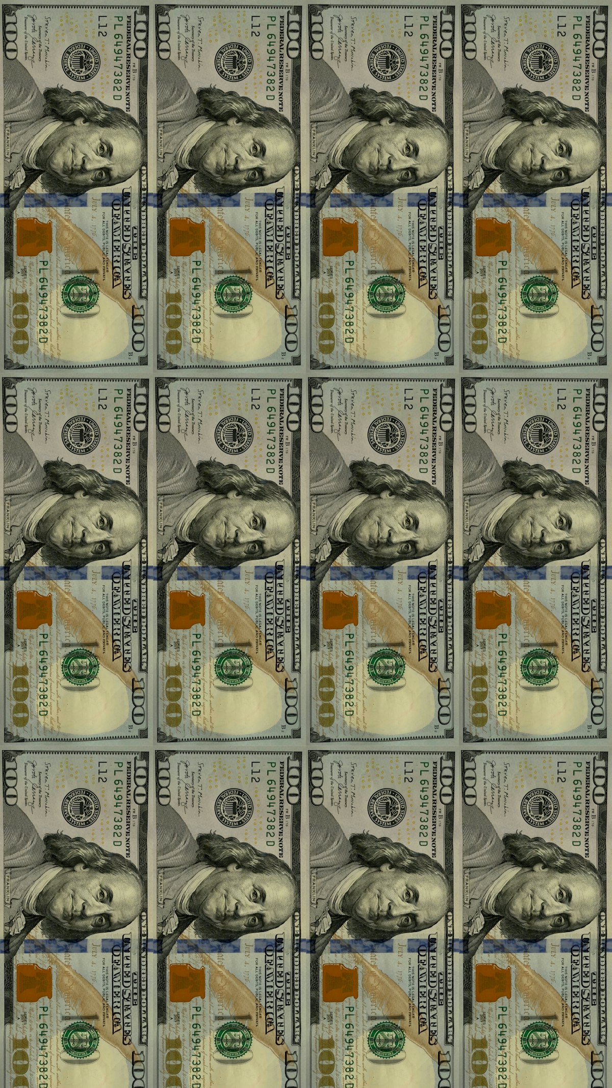 Pattern of United States one hundred dollar bills representing Berkshire Hathaway's record $381 billion cash holdings
